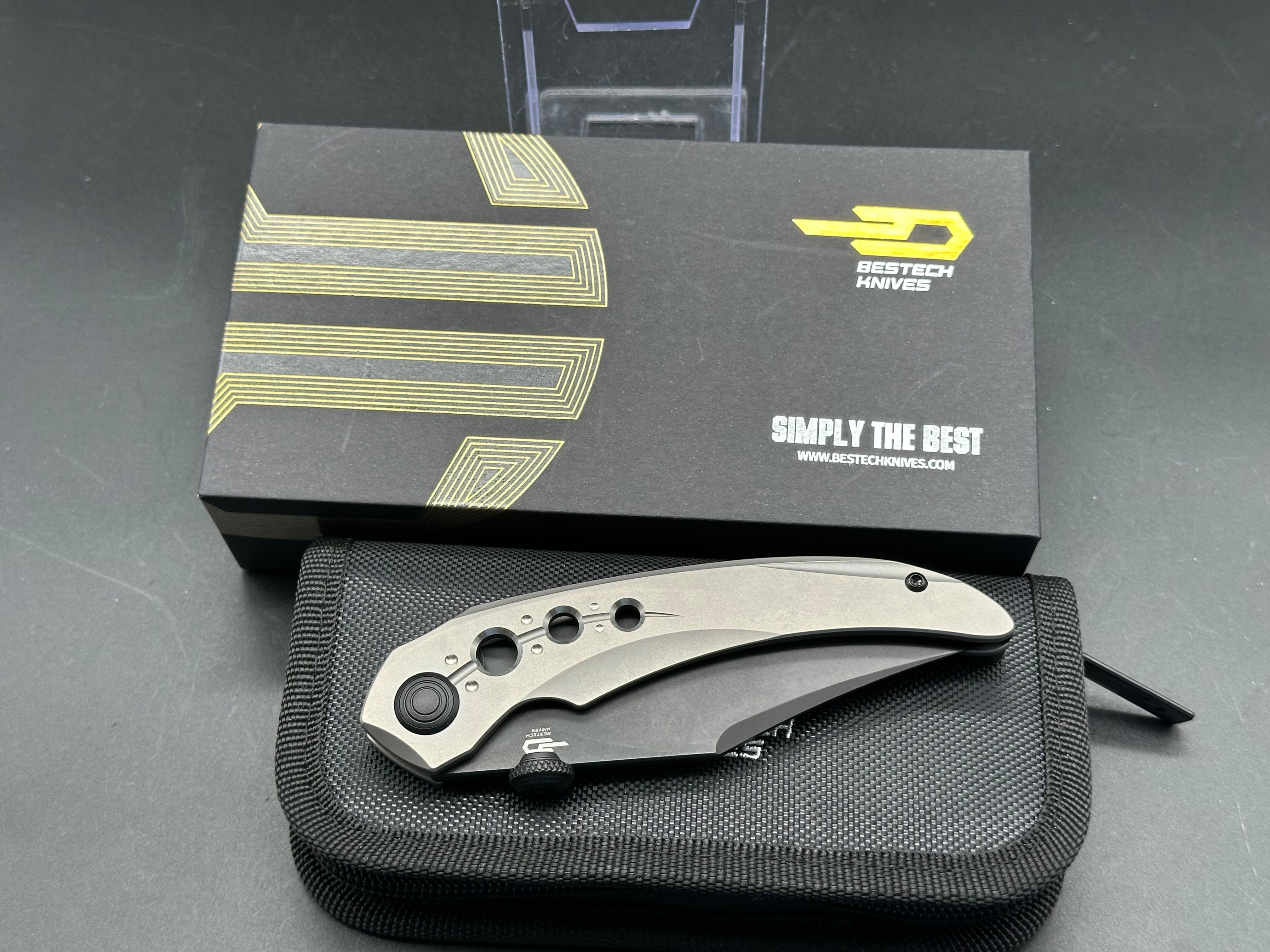 Bestech Kombou Folding Knife - Razon/Grey Slotted Titanium Handle, Upswept Blackwash Magnacut Blade - EDC, Outdoor Camping & Survival Tool