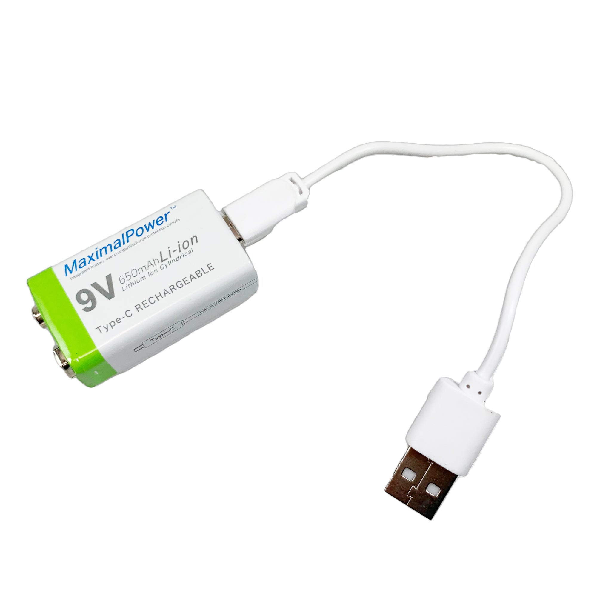 9V 650mAh Rechargeable Lithium Ion Battery with USB Type C Cable - Power for Guitar Pedals, Smoke Detectors & Electronic Devices