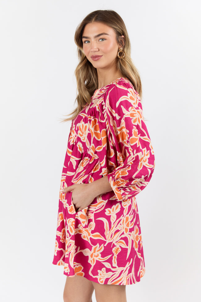 Fuchsia Floral Print Long Sleeve Mini Dress for Women - Elegant Party & Date Night Outfit - Spring Summer Cocktail Dress for Special Occasions