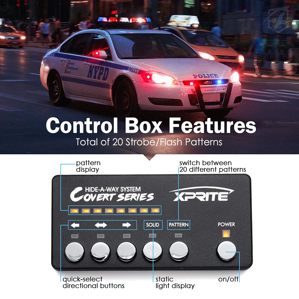 Xprite Red Blue LED Hideaway Strobe Police Lights Kit - 20 Flashing Patterns with Control Panel for Emergency Vehicles, Volunteer Cop Cars & Trucks (8PCS) - Perfect for Headlights, Taillights & Hazard Warning Mounting in Low Visibility & Emergency Situations