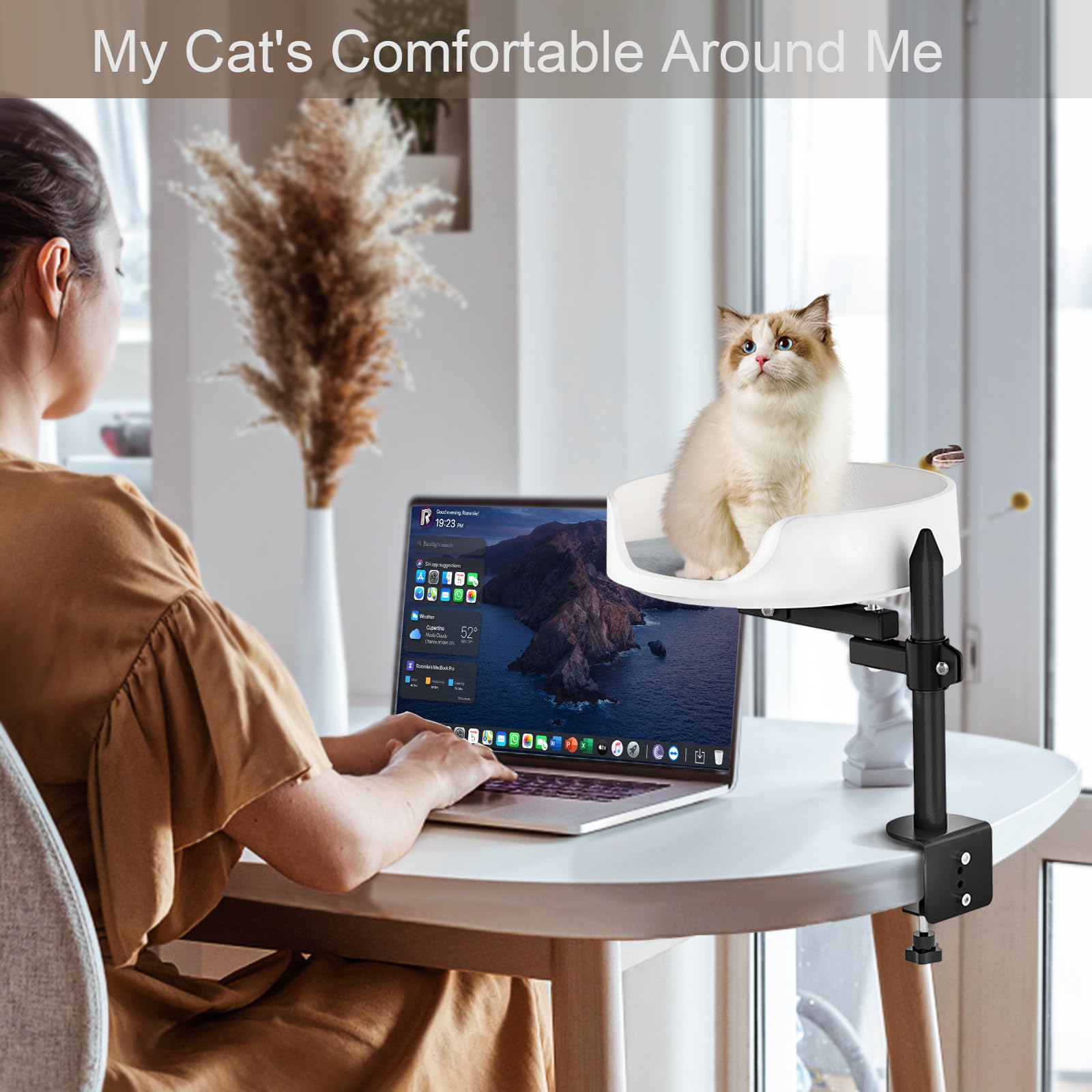 Elevated Cat Bed for Desk - Rotatable 45° Cat House with Pet Cushions - Keep Your Kitten Close & Workspace Organized - Perfect for Home Office, Study or Small Spaces