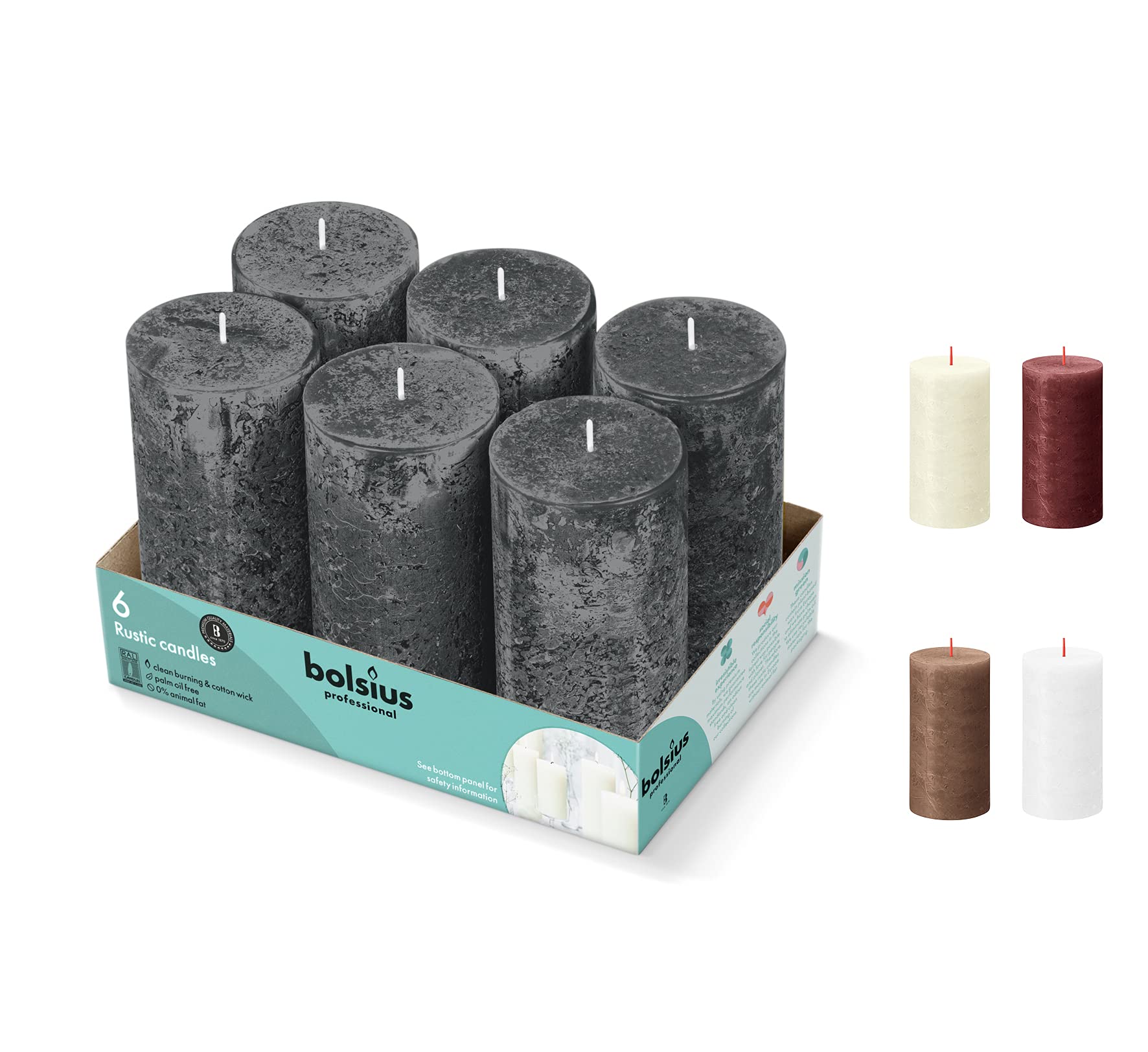 BOLSIUS 6 Pack Black (Stormy Gray) Rustic Pillar Candles - 2.75 x 5 Inches - Unscented Dripless Smokeless 60-Hour Burn Time - Premium European Quality Plant-Based Wax Candles for Wedding, Party, Home Decor, and Romantic Dinner Ambiance