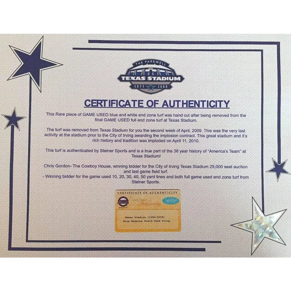Authentic Dallas Cowboys Texas Stadium Game-Used End Zone Turf with COA Collage #D/25 - Perfect for NFL Memorabilia Collectors & Cowboys Fans Display