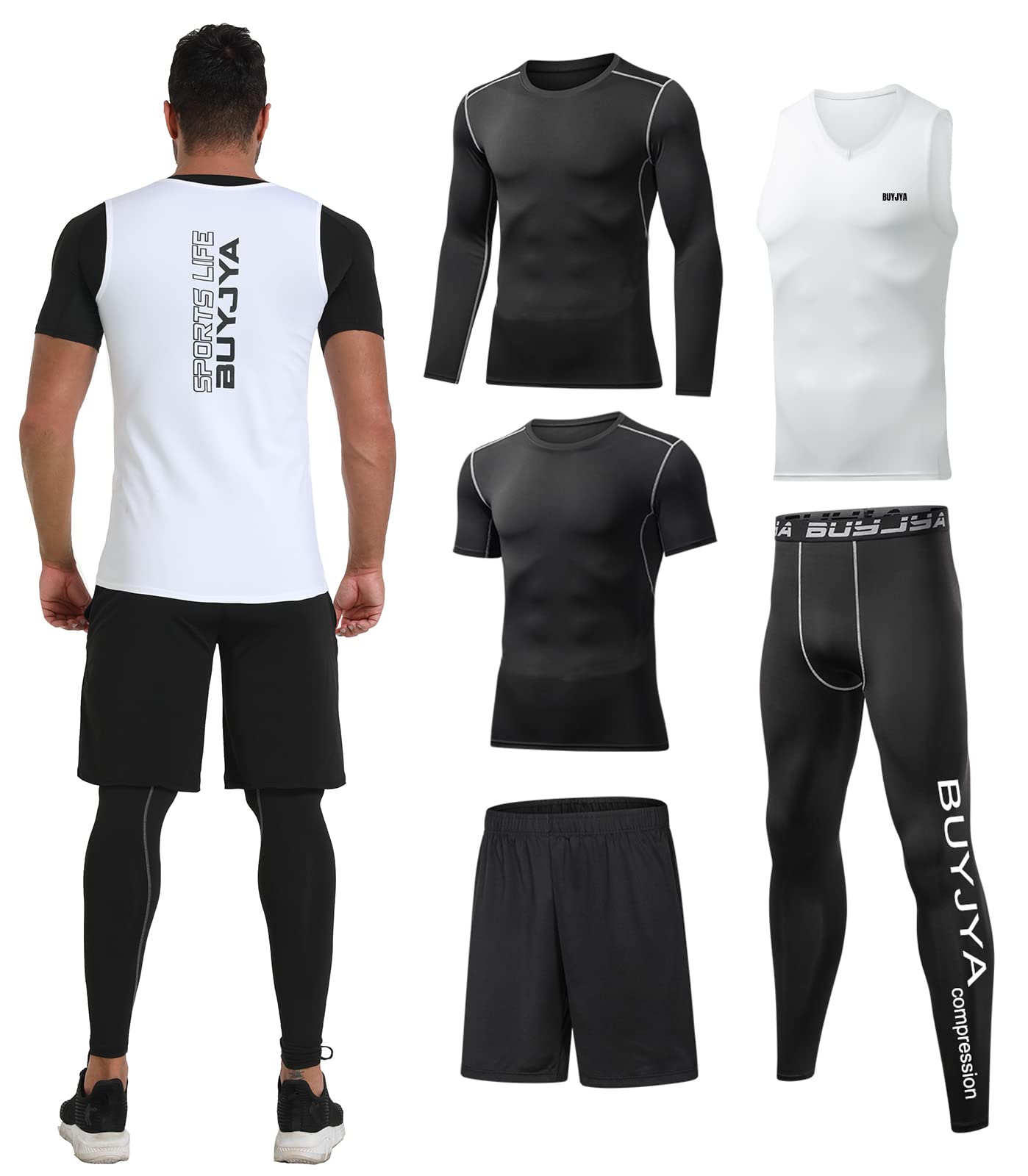 BUYJYA 5-Pack Men's Compression Workout Set - Long Sleeve Shirt & Pants Gym Clothing for Running, Training & Valentine's Day Gifts | Moisture-Wicking Athletic Outfit for Men