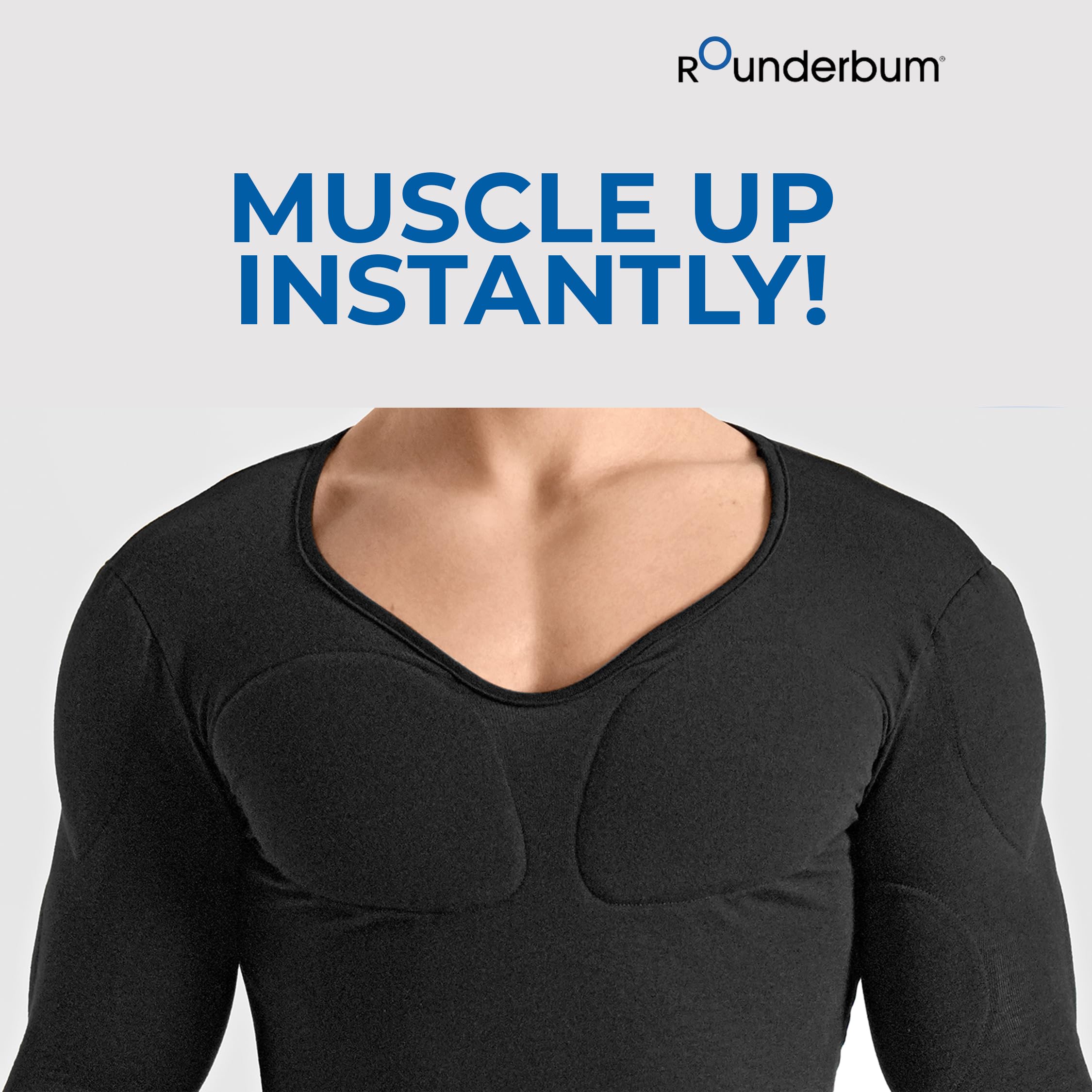 Rounderbum Men's Padded Muscle T-Shirt - Black Stealth Shapewear Underwear V-Neck - XS Size | Premium Quality Workout Shirt for Gym & Bodybuilding | Comfortable Compression Shirt for Men