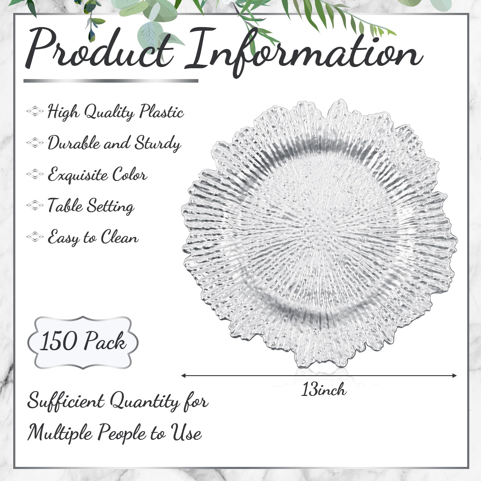 150 Pcs Silver 13 Inch Plastic Charger Plates Bulk - Matte Ruffled Rim Decorative Dinner Plates for Wedding, Party, Holiday & Event Supplies - Perfect for Formal Dining, Buffets & Special Occasions