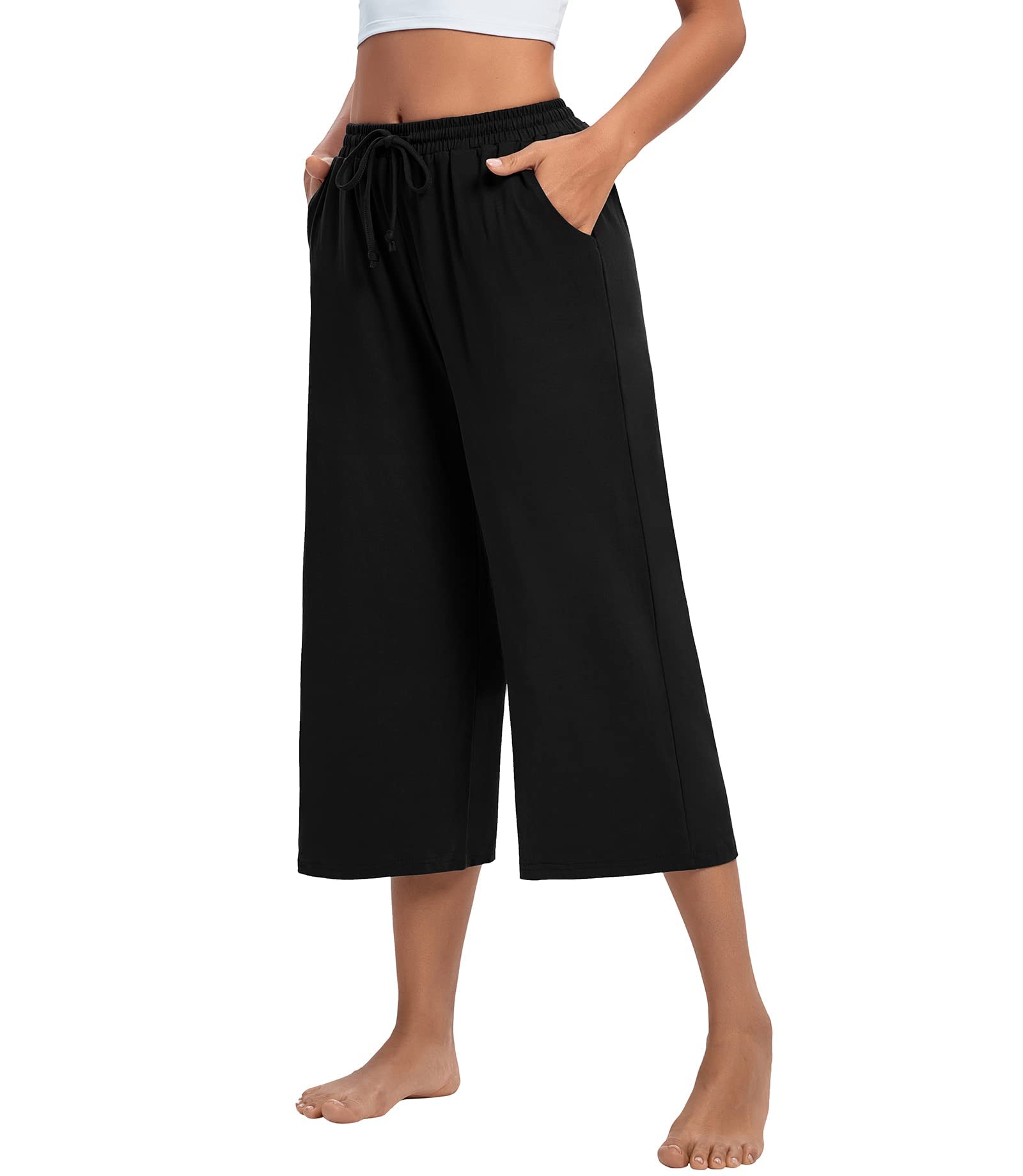 ASIMOON Women's Wide Leg Yoga Pants - High Waisted Lounge Capris with Drawstring & Pockets - Comfortable Loose Fit Workout Sweatpants for Yoga, Running, Gym & Casual Wear