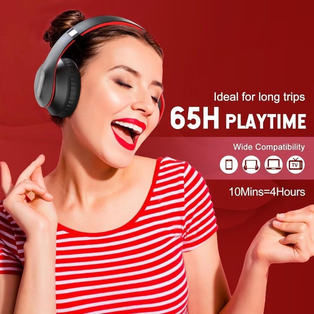 Wireless Bluetooth Headphones Over Ear - 65H Playtime HiFi Stereo with Mic & 6EQ Modes - Foldable Bluetooth 5.3 Headset for Travel, Work, Gaming - Compatible with Laptop, Computer, Phone (Black/Red)