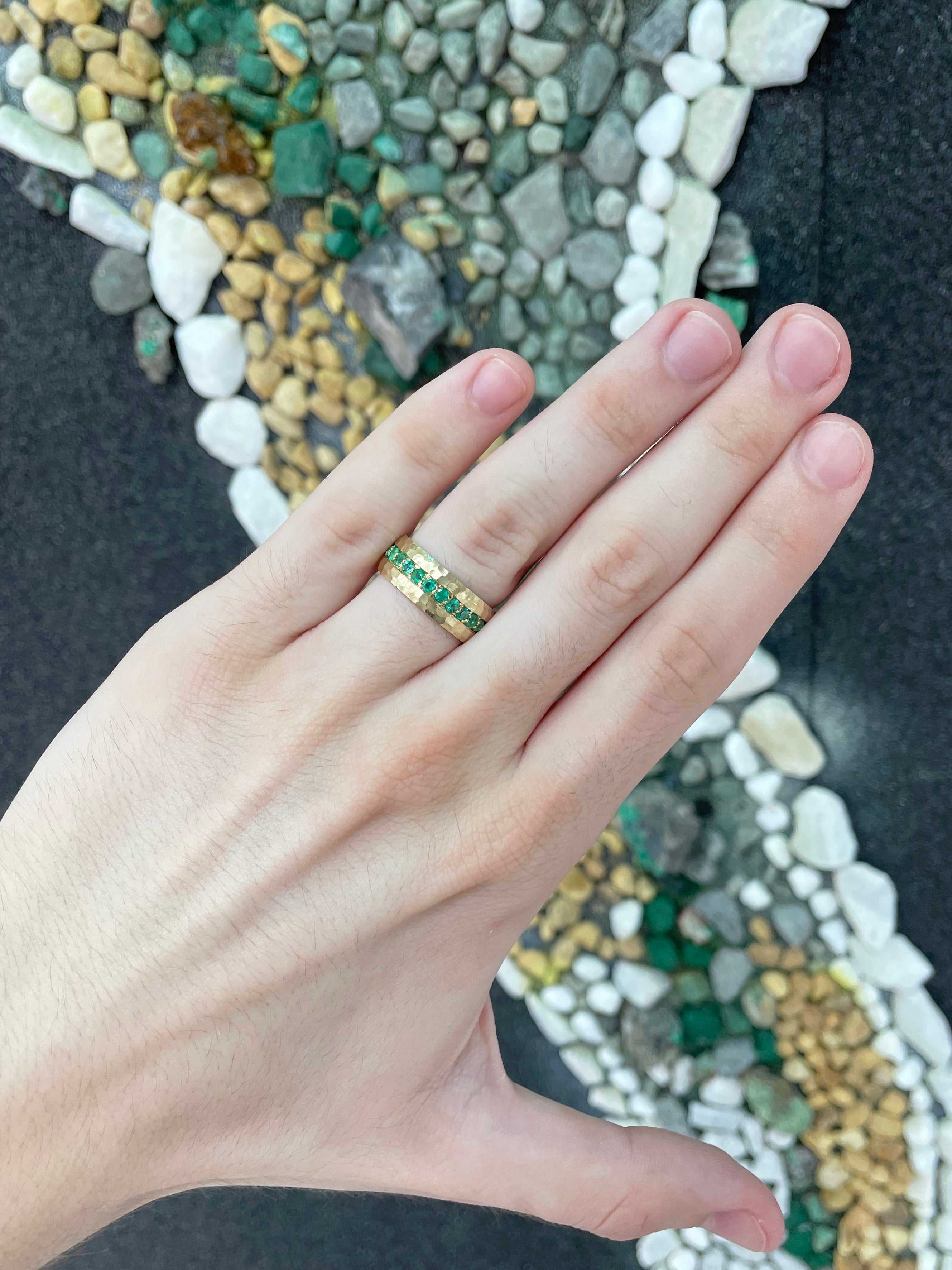 1.50tcw Custom Zambian Emerald Wedding Band - 8mm Wide 14K Gold Ring for Women, Engagement, Anniversary & Special Occasions