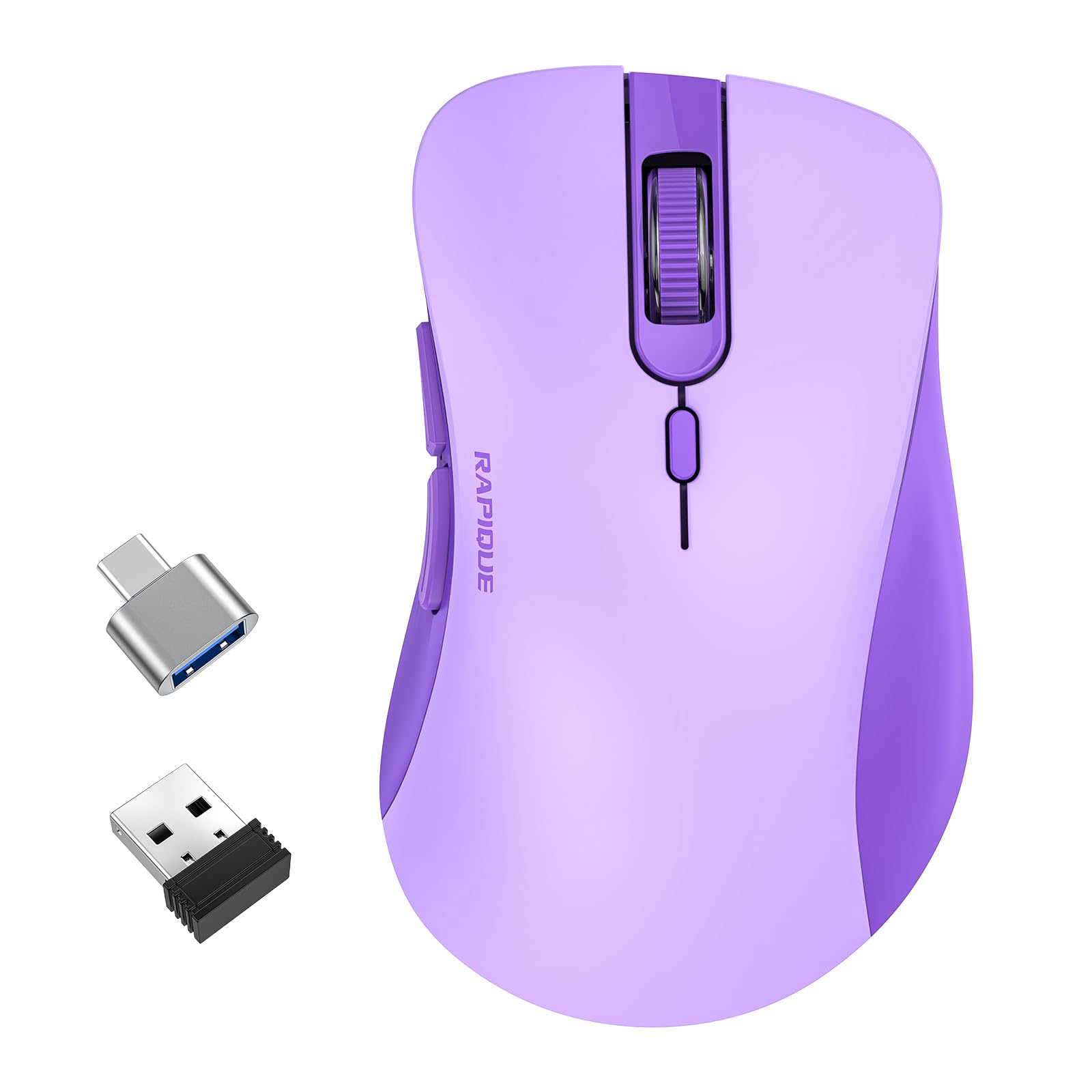 Wireless Silent Mouse with USB Receiver & Type-C Adapter - Ergonomic Cordless Computer Mouse for Laptop, PC, MacBook | 3 Adjustable DPI Levels | Low Power Consumption | Perfect for Office Work, Gaming & Travel (Purple)