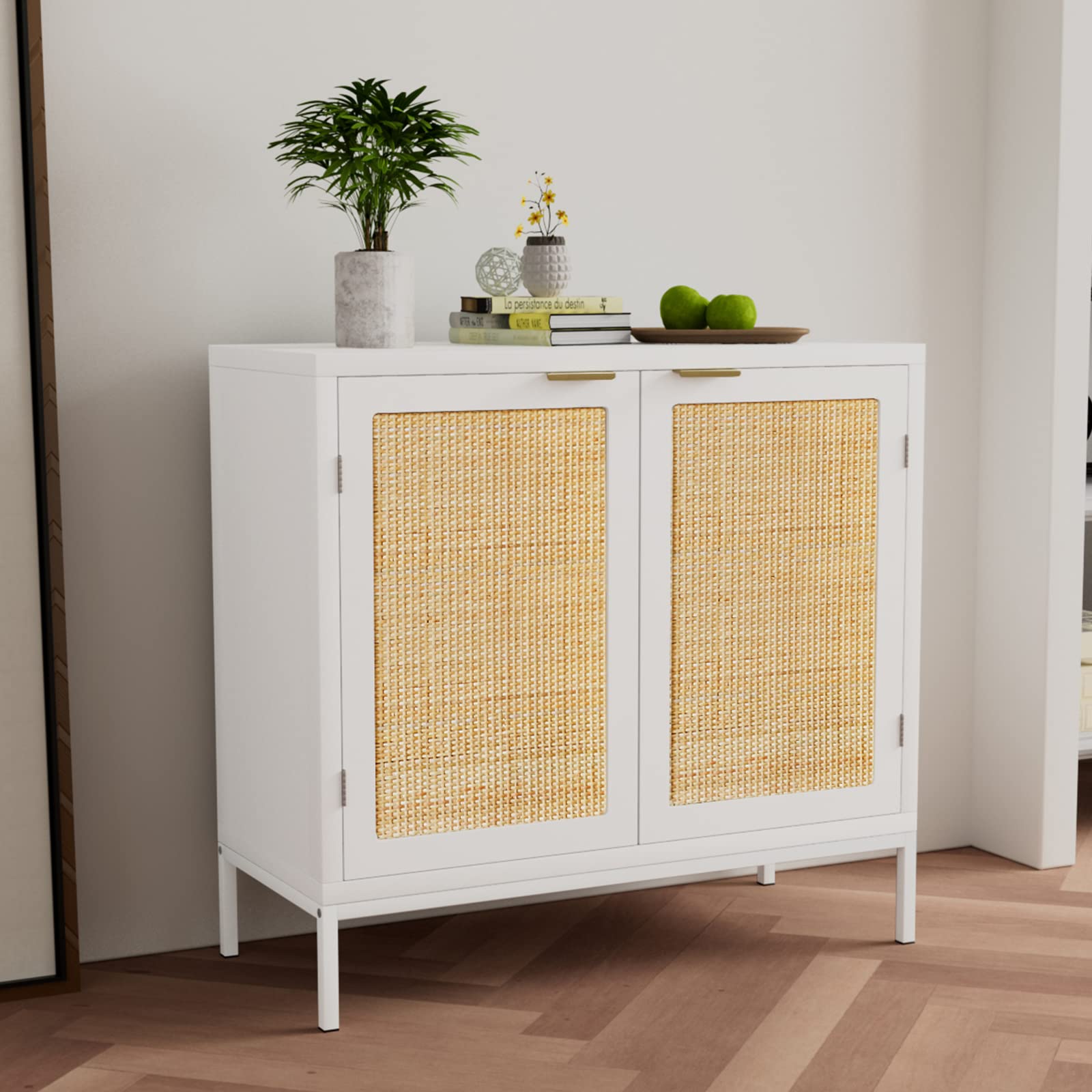 Anmytek White Rattan Sideboard Buffet Cabinet with 2 Decorated Doors & Fixed Shelf - Spacious Storage Furniture for Living Room, Hallway, Entryway & Dining Room - Perfect for Home Organization & Stylish Decor | H0012