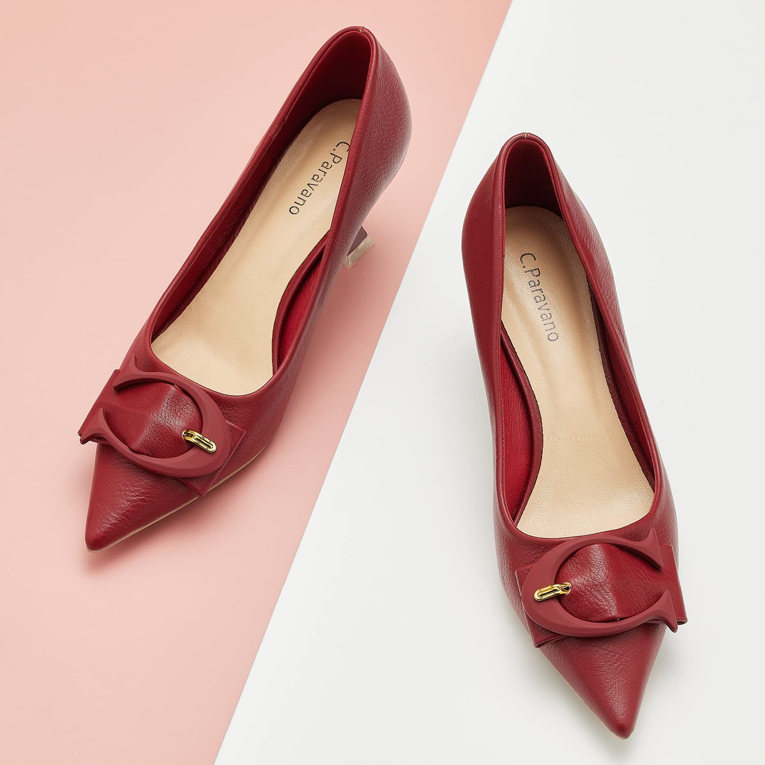 C.Paravano Women's Leather Pumps - Low Heel & Kitten Heel Designer Shoes for Work, Office & Special Occasions