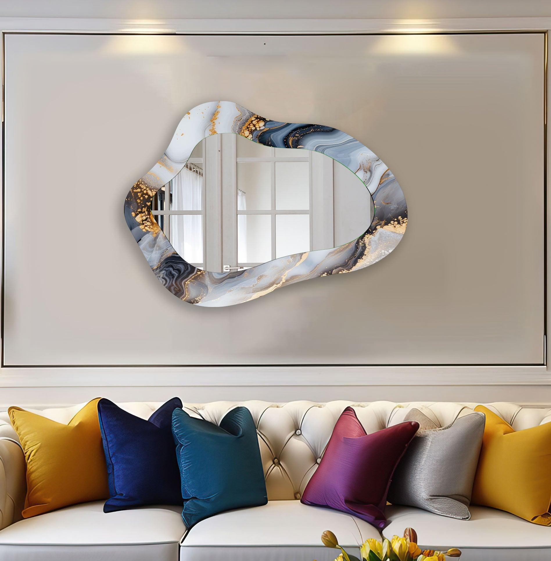 Handmade Asymmetrical Grey Alcohol Ink Wall Mirror - Unique Home Decor for Living Room, Bedroom, or Bathroom - Modern Abstract Art Piece for Wall Hanging