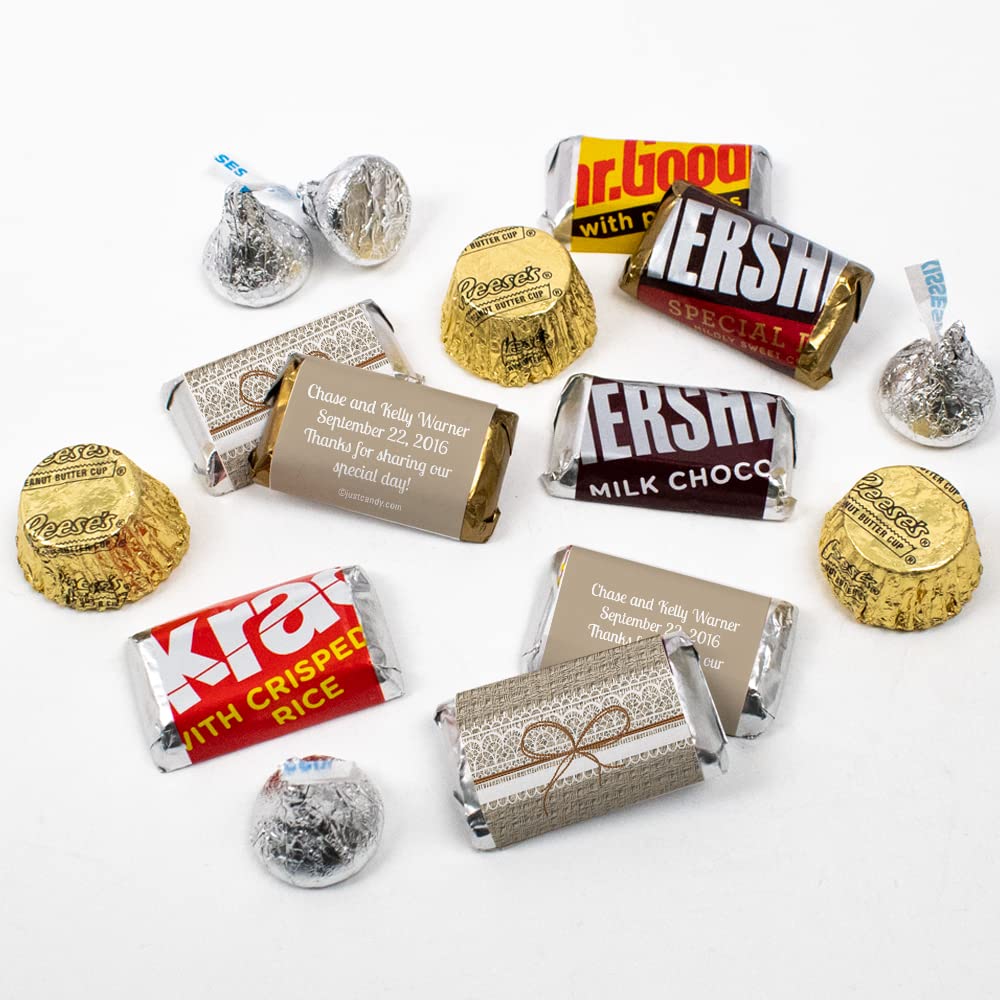 200pcs Personalized Wedding Candy Kit - Custom Wrapped Miniatures, Kisses & Peanut Butter Cups - Rustic Burlap Party Favors for Guests - Perfect for Wedding Receptions, Bridal Showers & Candy Table Decorations