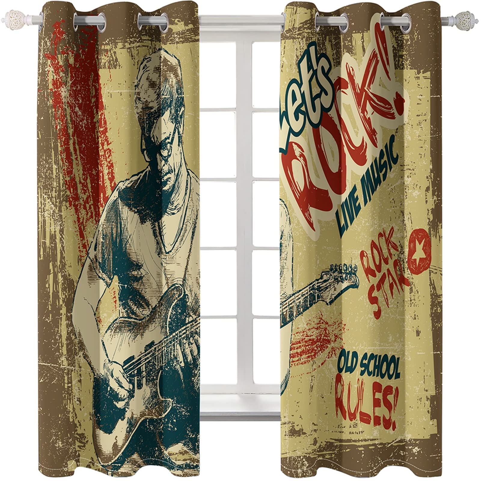 Rock Man Playing Electric Guitar Printed Polyester Curtains 108x63 Inch - Yellow Bedroom Drapes & Sliding Glass Door Curtains for Music Lovers' Home Decor