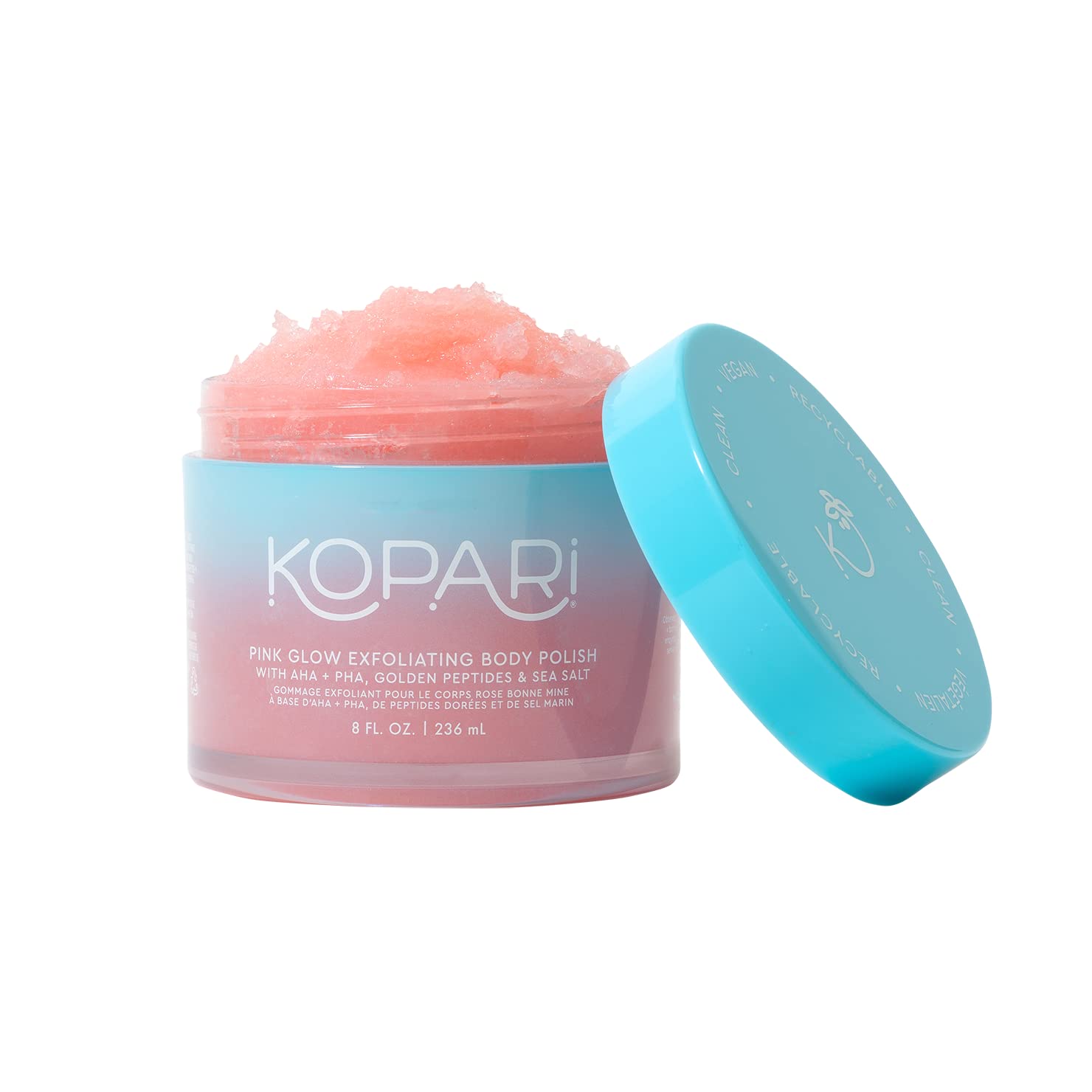 Kopari Exfoliating Body Scrub - Natural Vegan Body Polish with AHA for Smooth Skin, Pink Haze Scent, 8oz - Perfect for Dry Skin & Pre-Shave Exfoliation