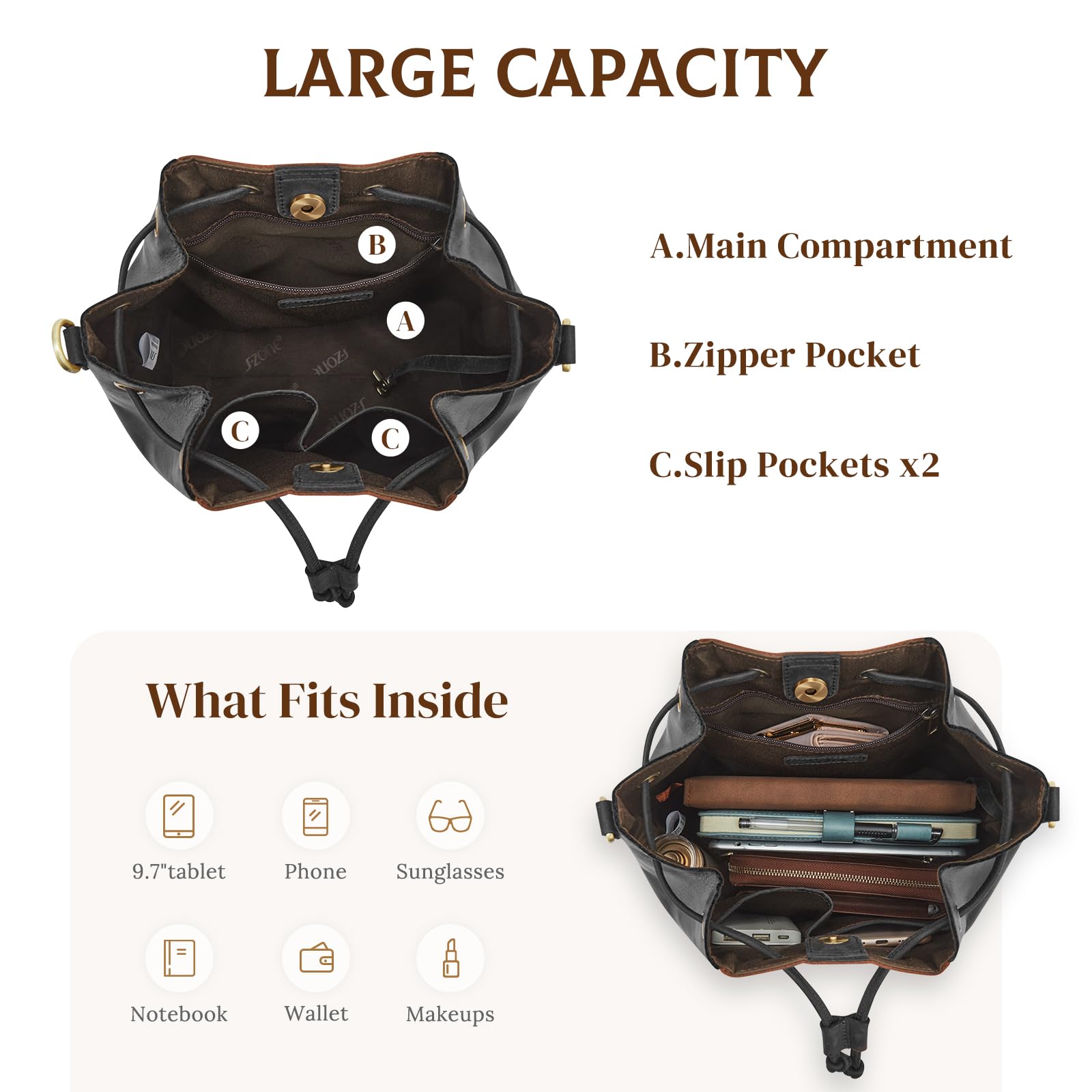 Genuine Leather Bucket Bags for Women - Drawstring Crossbody Purse with 2 Adjustable Straps, Top Handle Shoulder Bag | Perfect for Work, Travel & Everyday Use