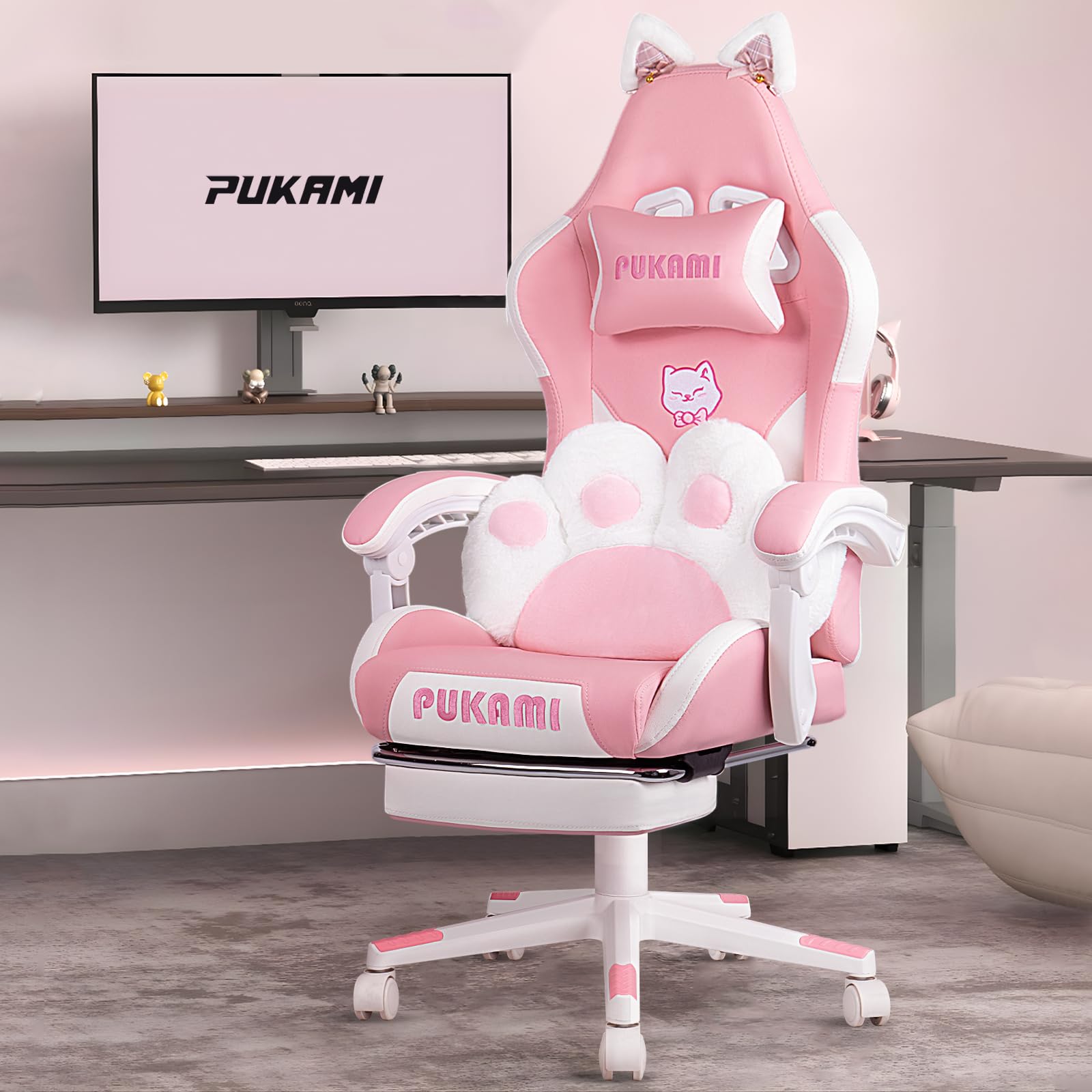 PUKAMI Pink Gaming Chair with Cat Ears & Paw Lumbar Cushion - Ergonomic Computer Chair for Women & Teens, Adjustable Footrest & Headrest, Comfortable Reclining PC Game Chair for Adults - Perfect for Gaming, Streaming & Home Office (Pink)
