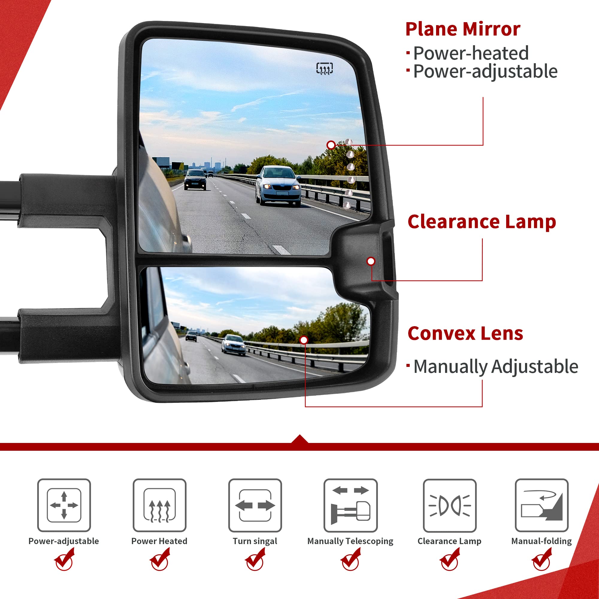 YITAMOTOR Power Heated LED Towing Mirrors with Arrow Signal & Reverse Lights - Compatible with Chevy Silverado 2007-2013 & GMC Sierra All Models - Perfect for Towing, Night Driving & Enhanced Safety