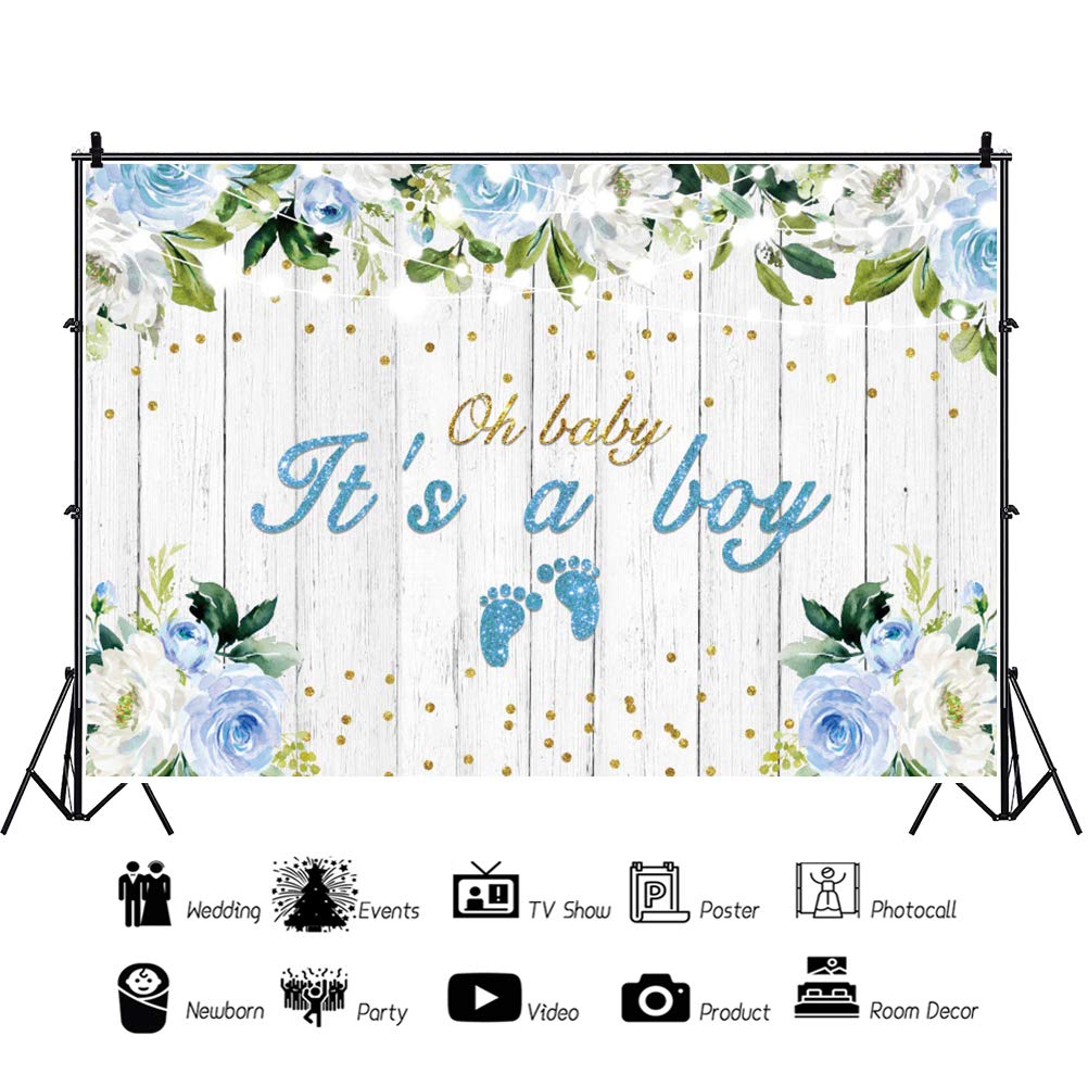 Yeele 7x5ft Baby Shower Backdrop - Blue & White Floral Woodland Theme with Footprints for Gender Reveal, Newborn Photo Shoot, Birthday Party Decorations | Perfect for Cake Smash Photos, Nursery Wall Decor & Boy's First Birthday Party
