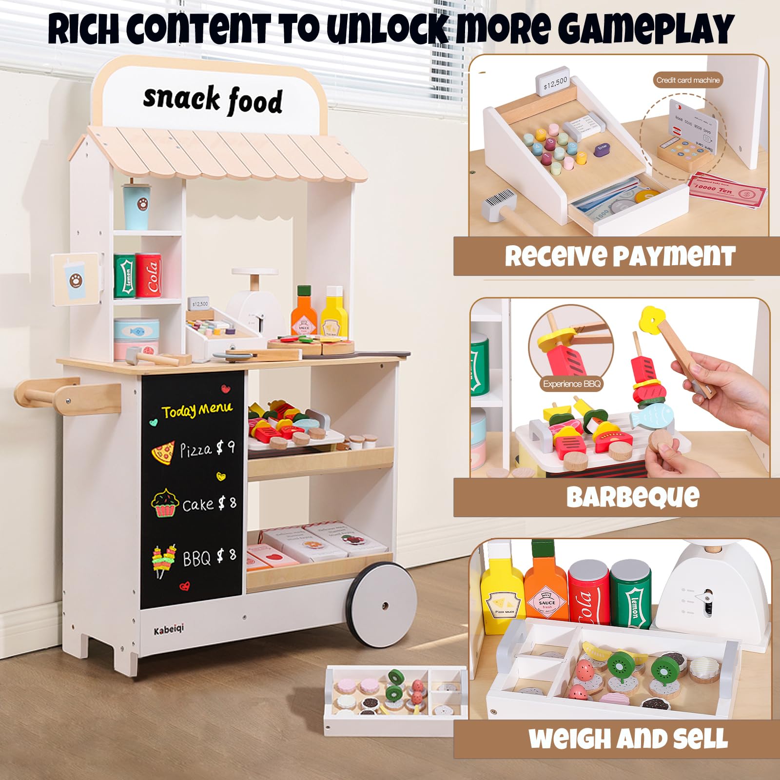 Wooden Pretend Play Food Cart Toy Set for Kids - Supermarket & Grocery Store Playset with Grill, Chalkboard & Cash Register - Educational Role Play Toy for Boys & Girls Ages 3+ - Perfect for Birthday Gifts & Indoor Pretend Play Activities