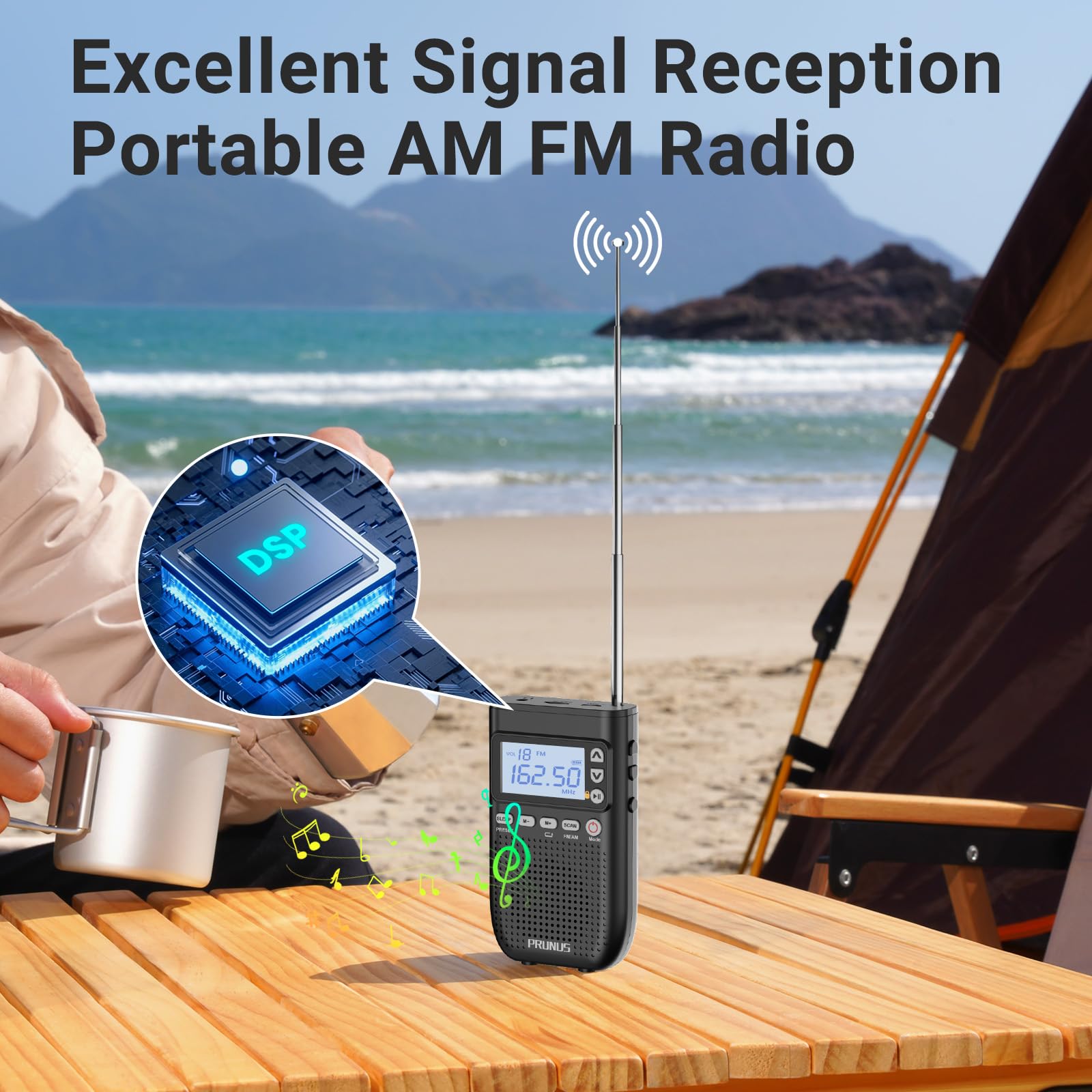 PRUNUS Portable AM FM Bluetooth Radio with Built-in Speaker, 2000mAh Rechargeable Battery, TF Card Playback, Headphone Jack & Sleep Timer - Perfect for Home, Office, Travel and Outdoor Activities
