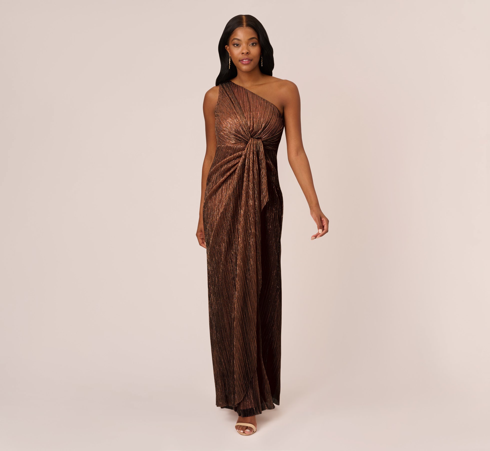 Elegant Stardust Pleated Draped One Shoulder Evening Gown in Copper - Perfect for Prom, Homecoming, and Formal Events