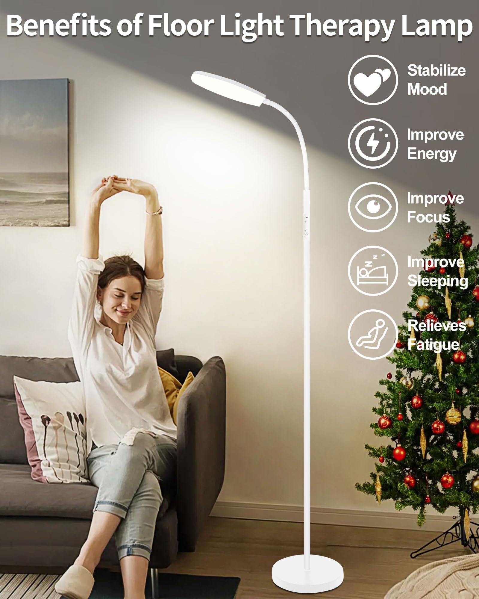 10,000 Lux UV-Free Light Therapy Lamp - Full Spectrum Sunlight Floor Lamp with Remote, 10 Color Temperatures & 6 Brightness Levels + Timer - Ideal for Seasonal Affective Disorder (SAD), Depression Relief & Home Office Wellness