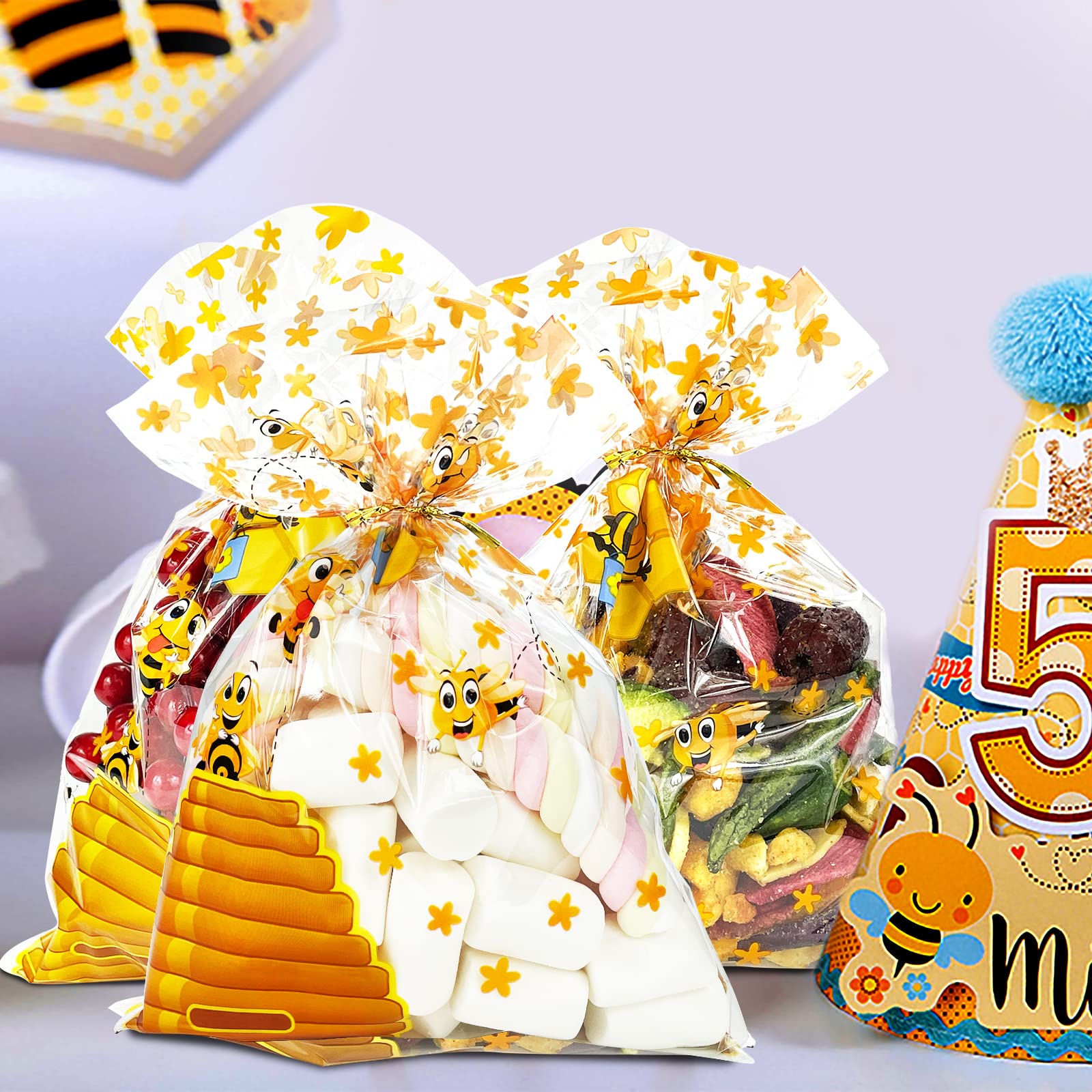 Bnsikun 100 Pcs Yellow Bee-Themed Cellophane Gift Bags - Perfect for Baby Showers, Birthday Parties & Candy Treats | Reusable Plastic Goodie Bags for Bee Theme Party Supplies & Favor Packaging