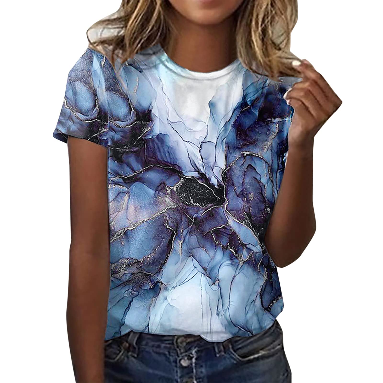 Women's Summer Print O-Neck Tank Tops - Short Sleeve Workout Shirts & Casual Fitted Tees - Perfect for Gym, Yoga, Running & Everyday Wear