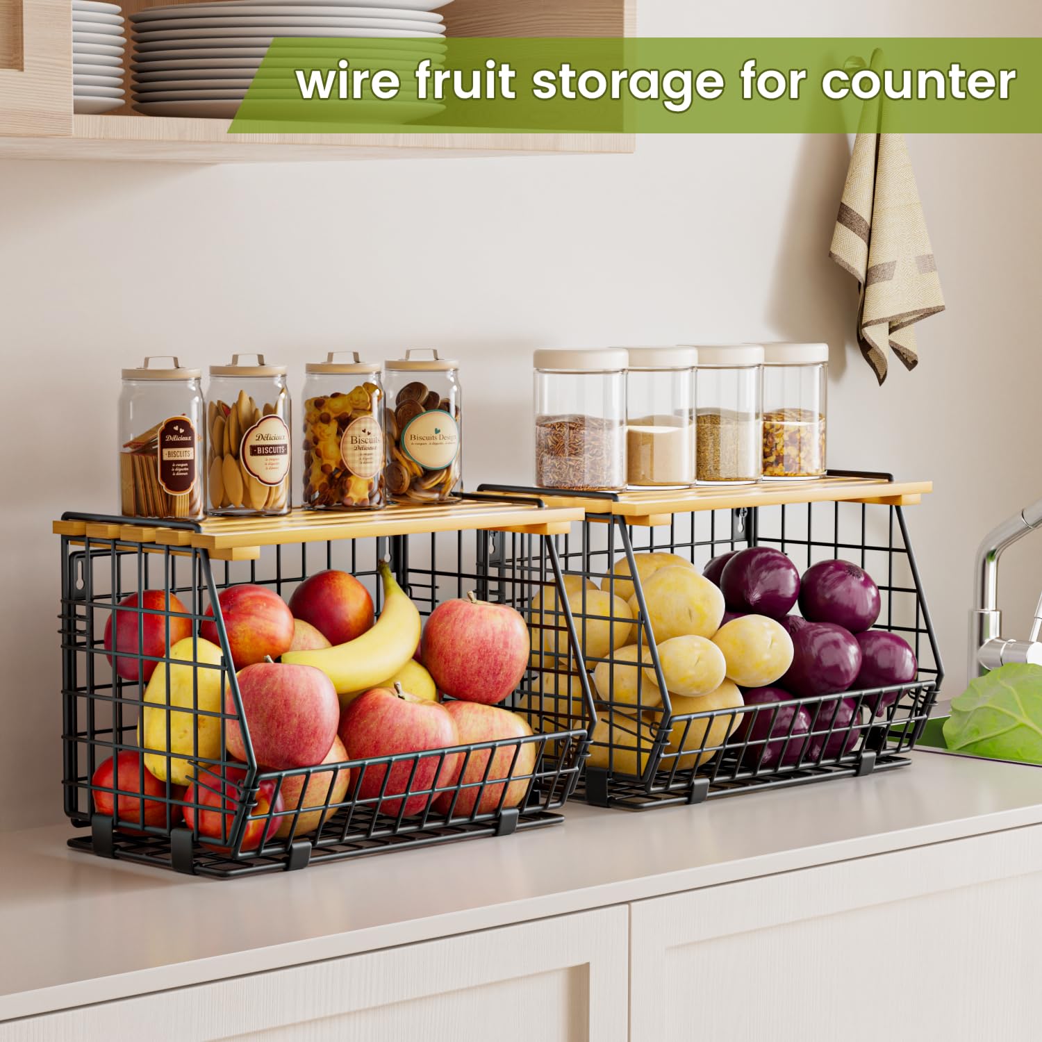 Wire Fruit Basket for Kitchen Storage - Hanging & Stackable Counter Basket for Vegetables, Potatoes, Onions | 3-Pack Pantry Organizer for Fresh Produce Storage