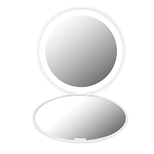 10x Magnifying LED Travel Makeup Mirror - Double Sided Portable Folding Compact Mirror with Bright LED Lights for Purse, Handbag & Pocket (White) | Perfect for Home, Travel, Makeup & Salon Use