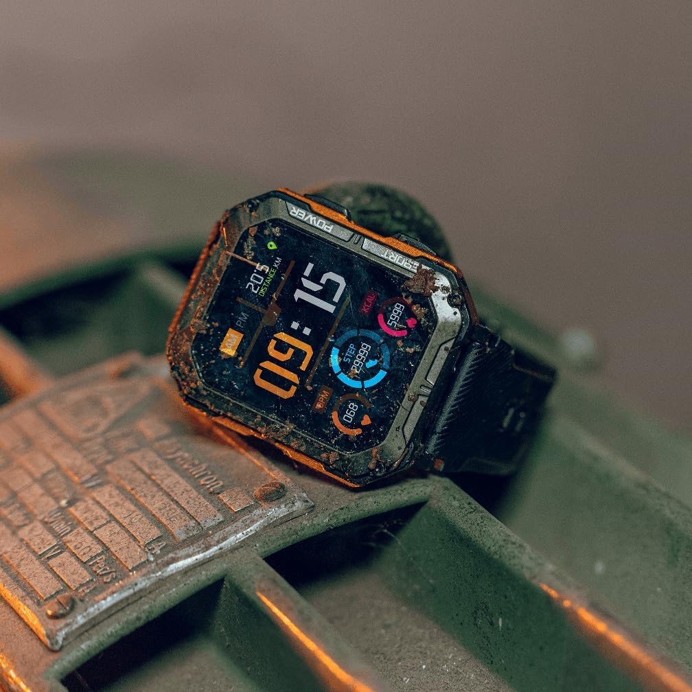 Indestructible Smartwatch IP68 Waterproof Rugged Outdoor Smartwatch - Bluetooth Calling, Heart Rate & Sleep Monitor - Compatible with Android iOS (Orange) - Perfect for Hiking, Running & Extreme Sports