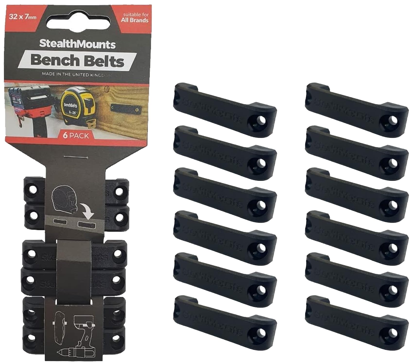 StealthMounts Universal Tool Holder Belt - 6 Pack Black | Heavy Duty Tool Holster Set for Power Tools, Tape Measures & Belt Clips | Workshop, Construction & DIY Storage Solution
