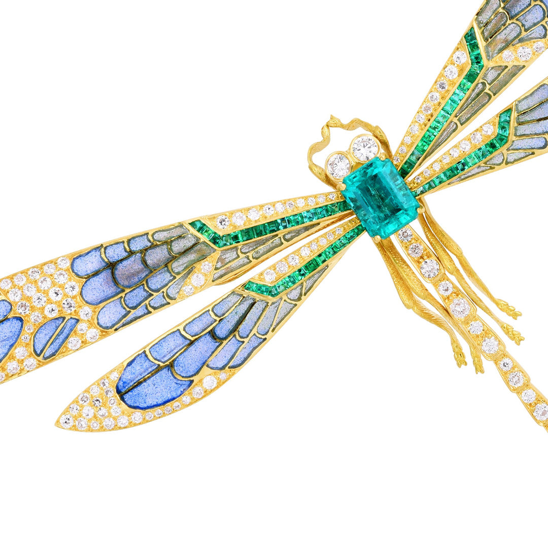 Exquisite Plique à Jour Emerald & Diamond Dragonfly Brooch – Vintage Jewelry for Women – Perfect for Weddings, Parties & Special Occasions