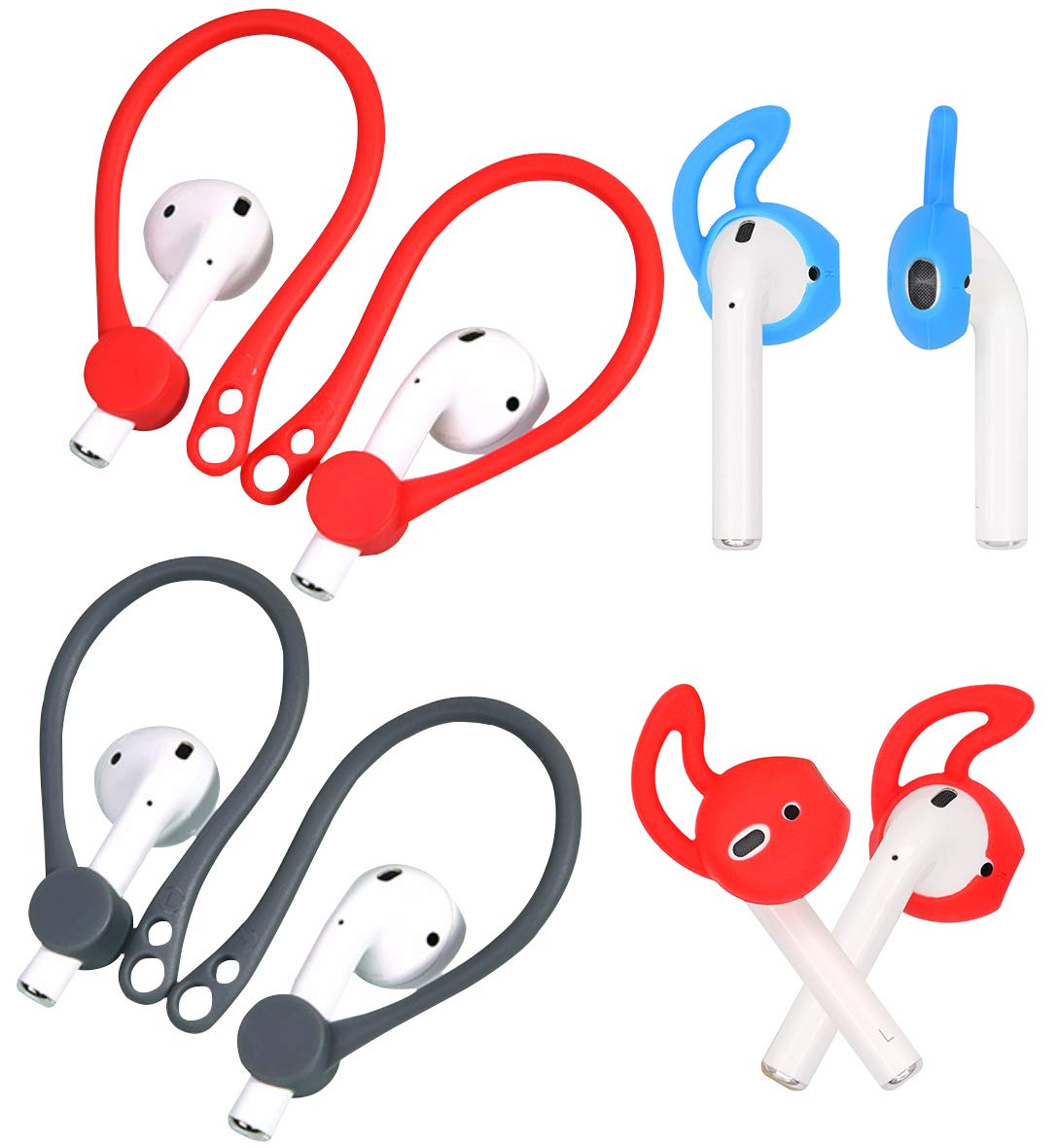 Rayker Silicone Earhook & Ear Tips Replacement for AirPods - Secure Fit for Sports & Running (2+2 Pairs, Gray/Red/Blue/Red) - Perfect for Gym, Hiking & Outdoor Activities