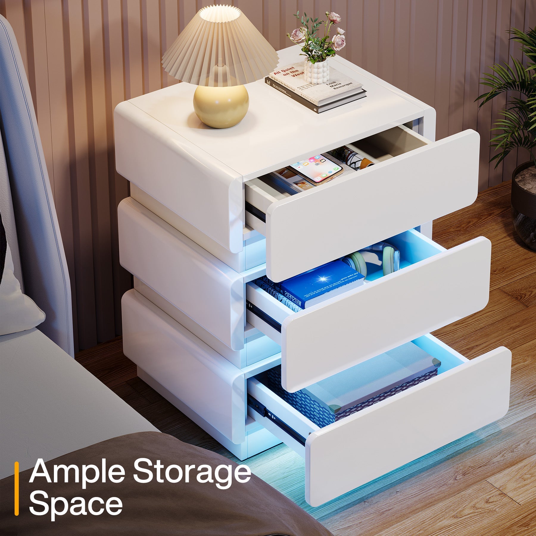 3 Drawer Nightstand with LED Lights - Modern Bedside End Table with Storage for Bedroom, Living Room, and Office - Perfect for Small Spaces and Apartment Decor