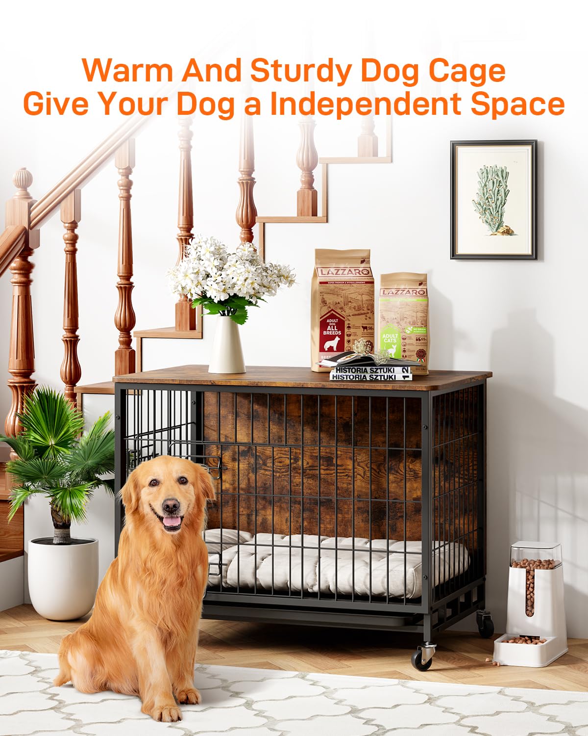 2024 Deluxe Wooden Dog Crate Furniture - Heavy-Duty Double-Door Kennel with Removable Tray & Wheels, 27.2