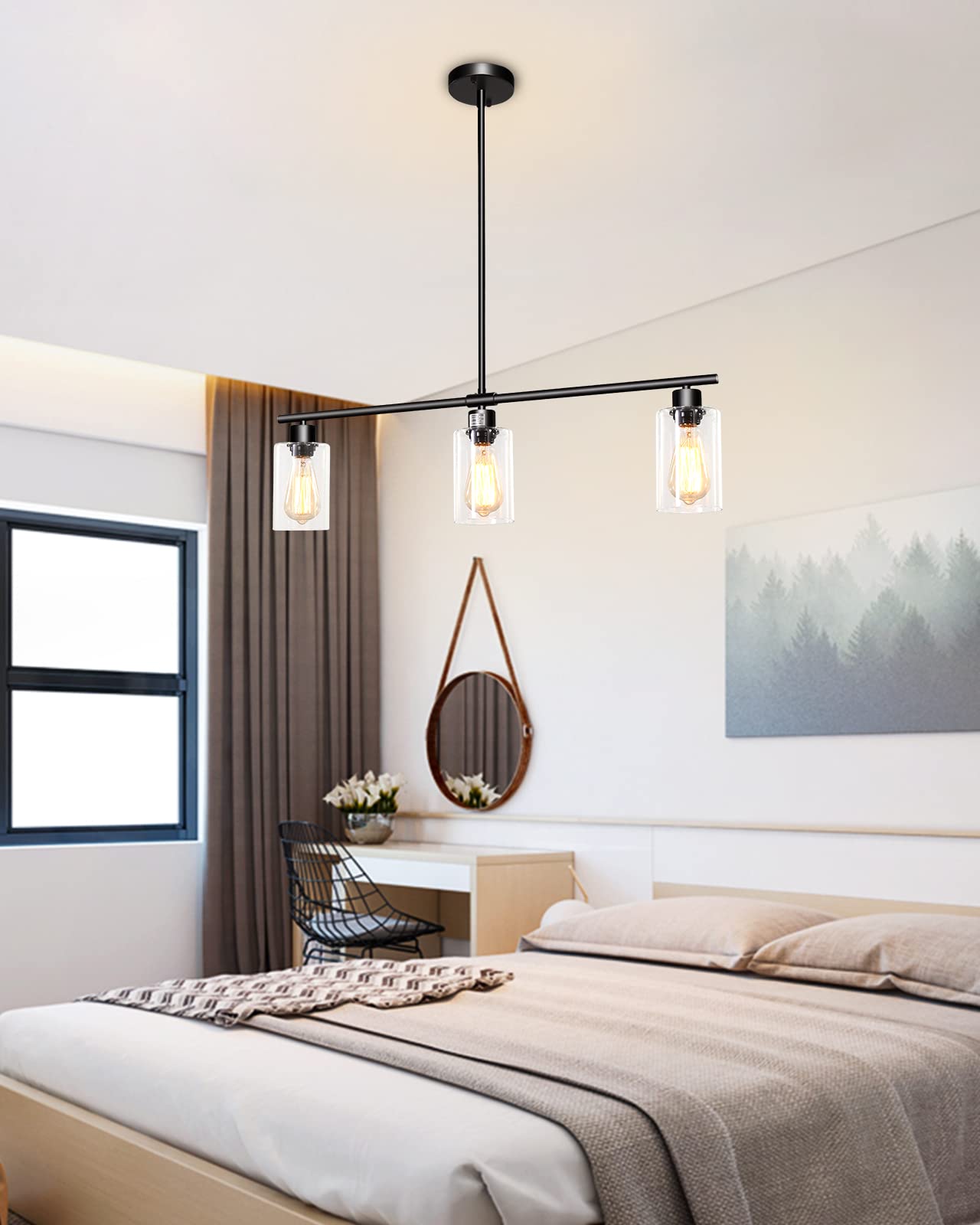 Modern Black Farmhouse Chandelier - 3-Light Pendant Lighting for Kitchen Island, Dining Room & Living Room | Glass Shade Ceiling Hanging Light Fixture | Perfect for Entryway, Foyer & Home Decor
