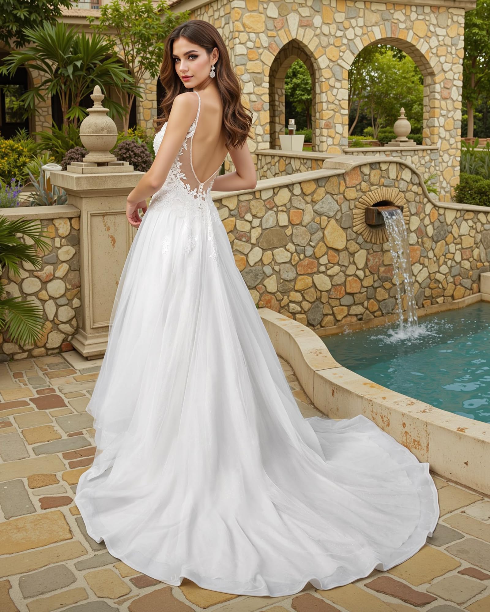 JAEDEN 2025 Lace Tulle Wedding Dress for Bride - Elegant V-Neck A-Line Gown for Bridal, Church, and Beach Weddings