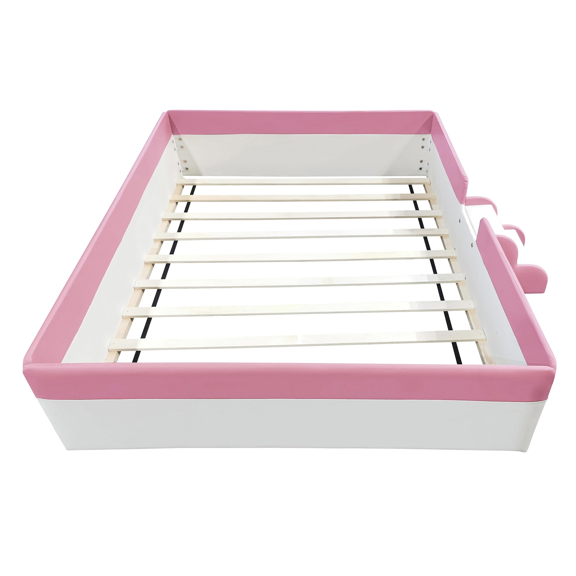 Montessori Full Size Floor Bed with Safety Fence & Stairs - PU Upholstered Kids Bed with Wooden Slats - Toddler Bed for Boys & Girls (Pink & White) - Perfect for Montessori Rooms, Daycare Centers & Safe Toddler Sleeping Spaces