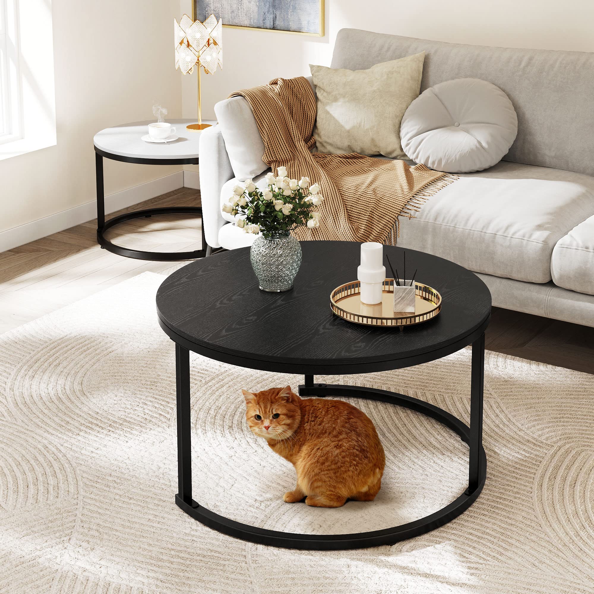 YITAHOME 2-Piece Round Nesting Coffee Table Set - Sturdy Metal Frame & Wood Top in Black & White - Perfect for Living Room, Lounge, or Small Spaces