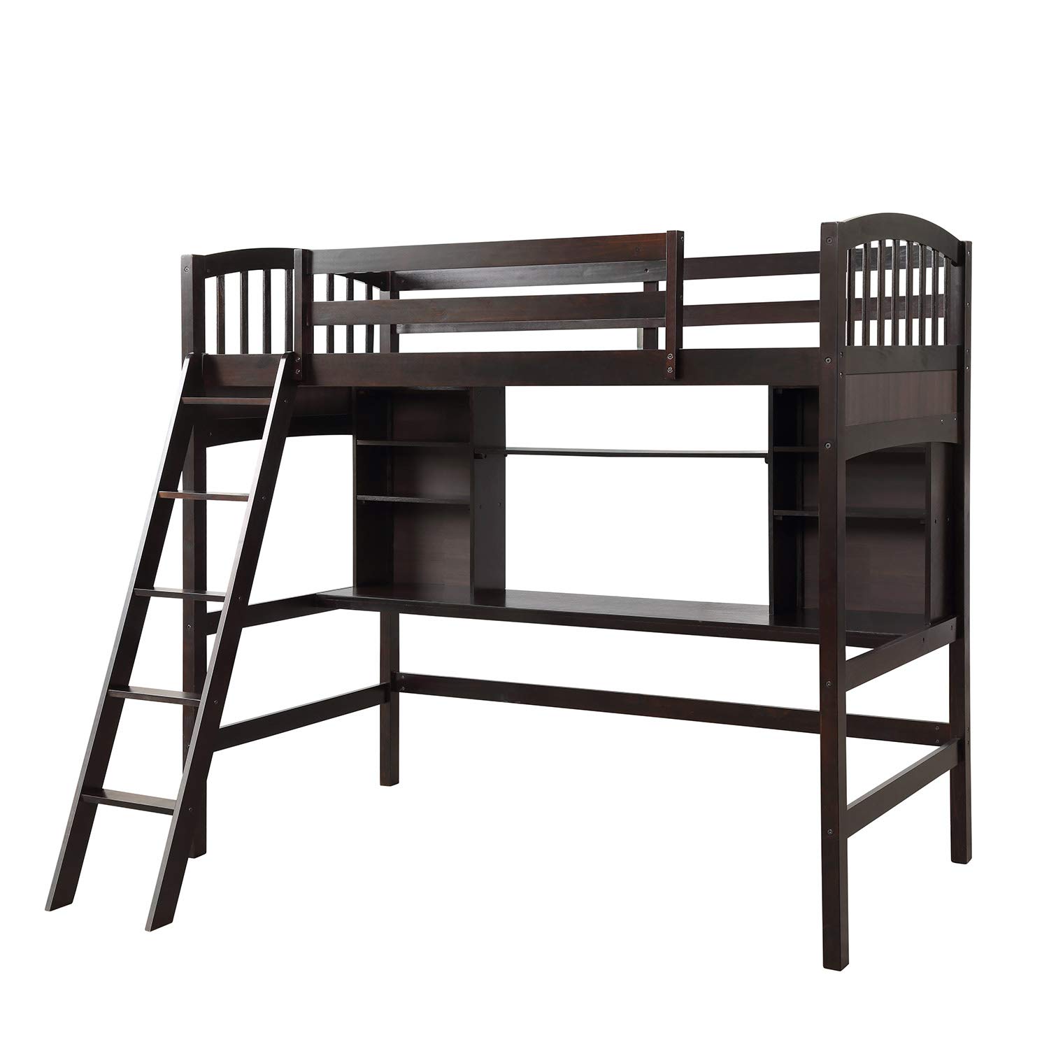 **Twin Size Solid Wood Loft Bed with Angled Ladder, Desk, Storage Shelves & Bookcase - Sturdy Safety Guard Rail, No Box Spring Needed - Perfect for Kids, Teens & Small Spaces**