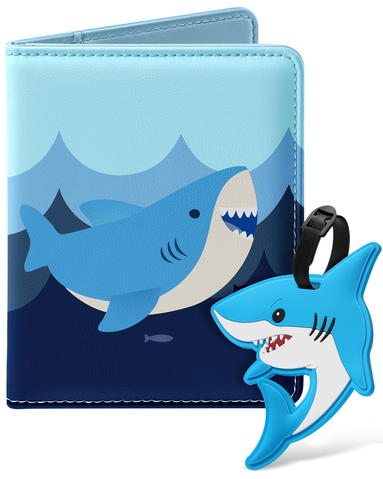 Kids Passport Holder & Luggage Tag Set - Cute Leather Travel Wallet Case for Boys & Women | Personalized Organizer with Card Protector Sleeve | Perfect for Airplane Travel, Vacation Essentials, Shark Design Slim Carrier