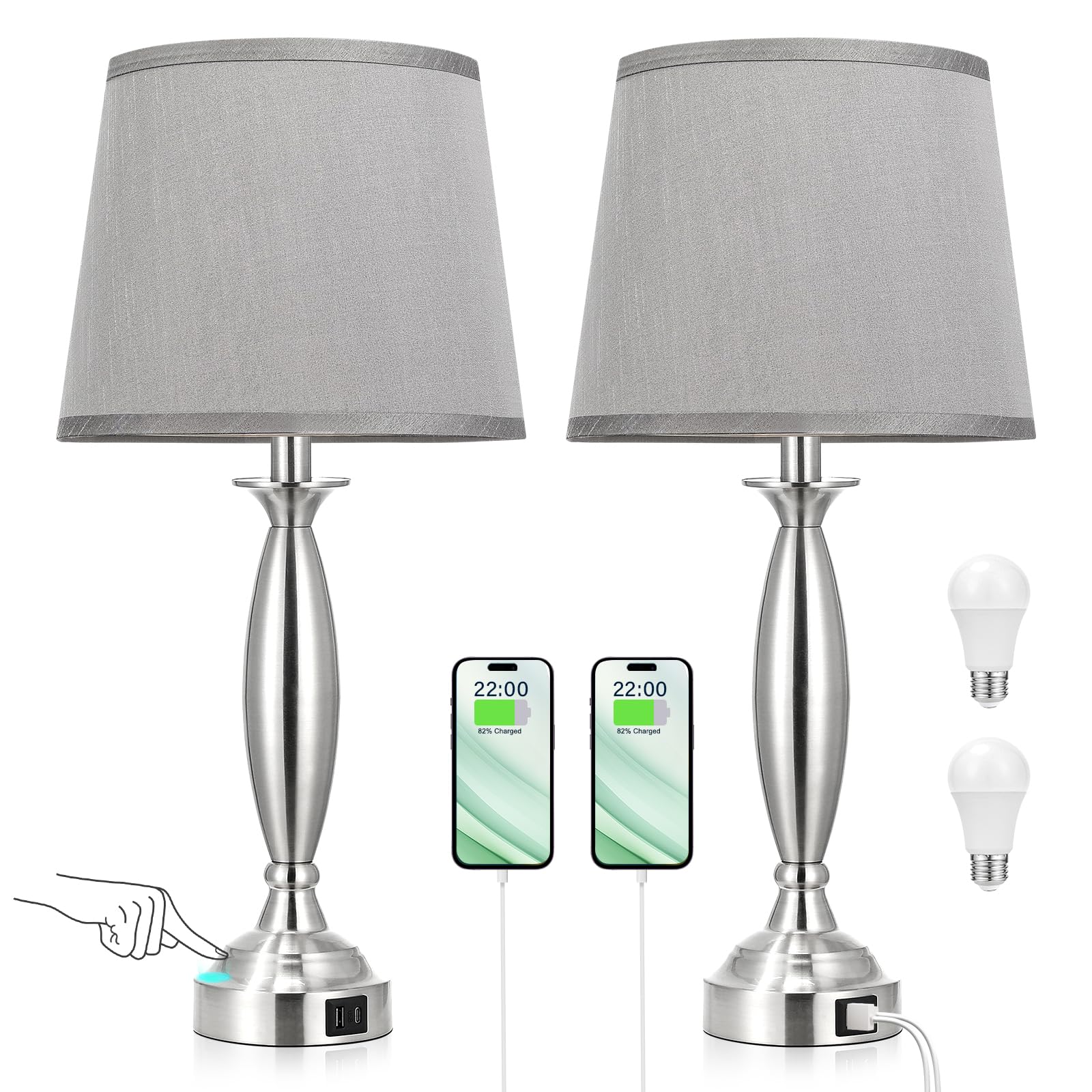 Touch Lamps for Bedroom Set of 2 - USB C+A Charging Bedside Lamps, 3-Way Dimmable Nightstand Lamps with LED Bulbs for Living Room & Bedroom - Perfect for Reading, Relaxing & Charging Devices