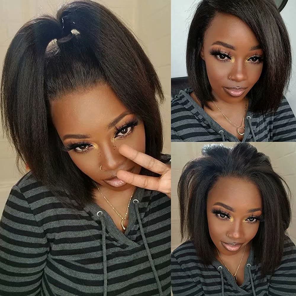 QUINLUX 13x6 Short Bob Italian Yaki Lace Front Wig - 150% Density Kinky Straight Human Hair Wig for Black Women | HD Transparent Lace | Pre-Plucked with Baby Hair | 12 Inch Peruvian Yaki Wig | Perfect for Daily Wear, Cosplay & Protective Styling