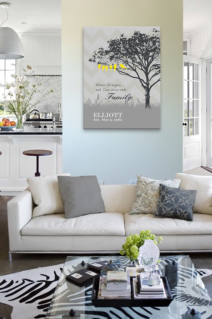 Personalized Canvas Wall Art - Custom Family Tree & Lovebirds Design with Names & Date - Romantic Anniversary Gift for Couples, Retirement Party Decor - 24x30 Inch Gray Canvas - Perfect for Bedroom, Living Room & Home Office Decor