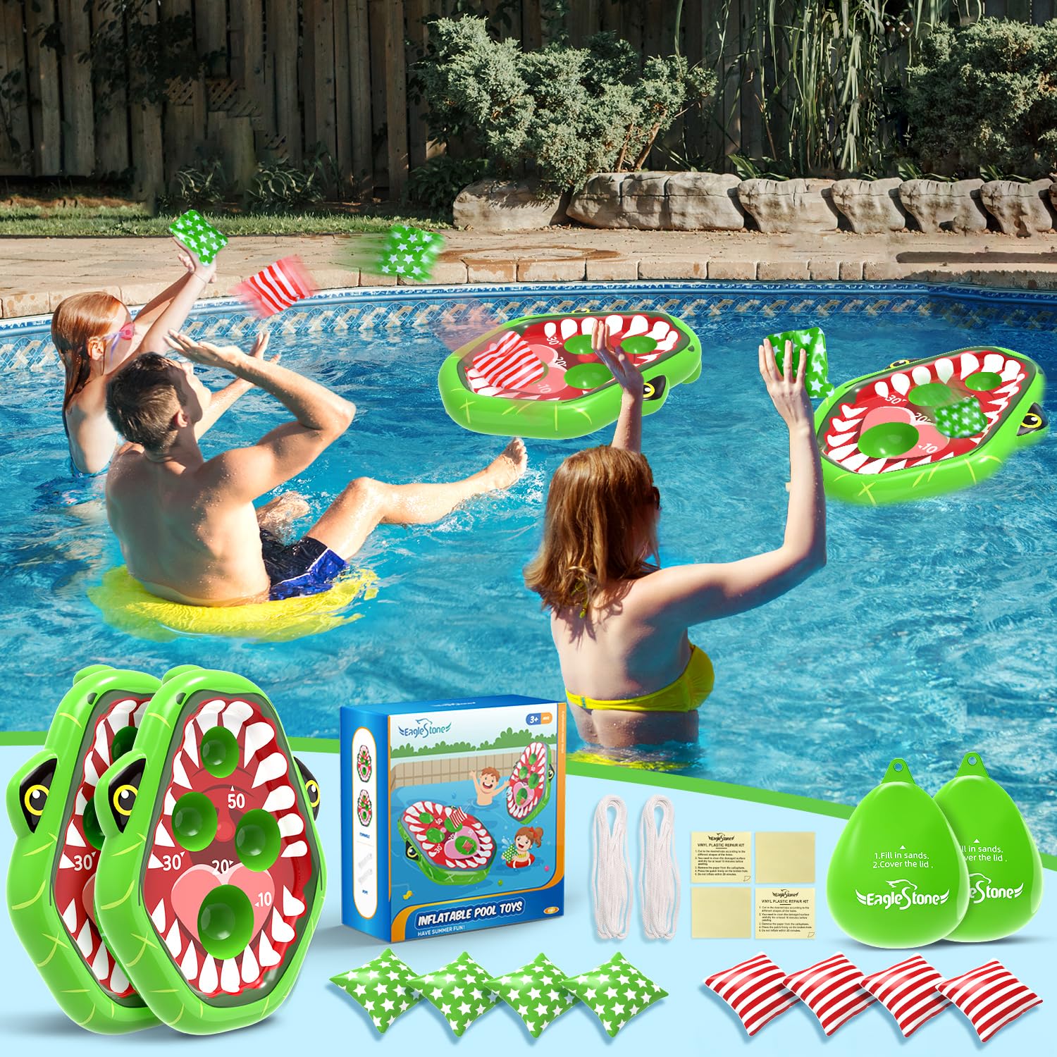 **EagleStone Inflatable Pool Cornhole Game Set - 2PCS Dinosaur Pool Floats & 8 Bean Bags for Kids & Adults - Outdoor Water Toys for Beach, Pool Party, Backyard Fun**    *(Perfect for Summer BBQs, Family Gatherings, and Kids' Birthday Parties!)*
