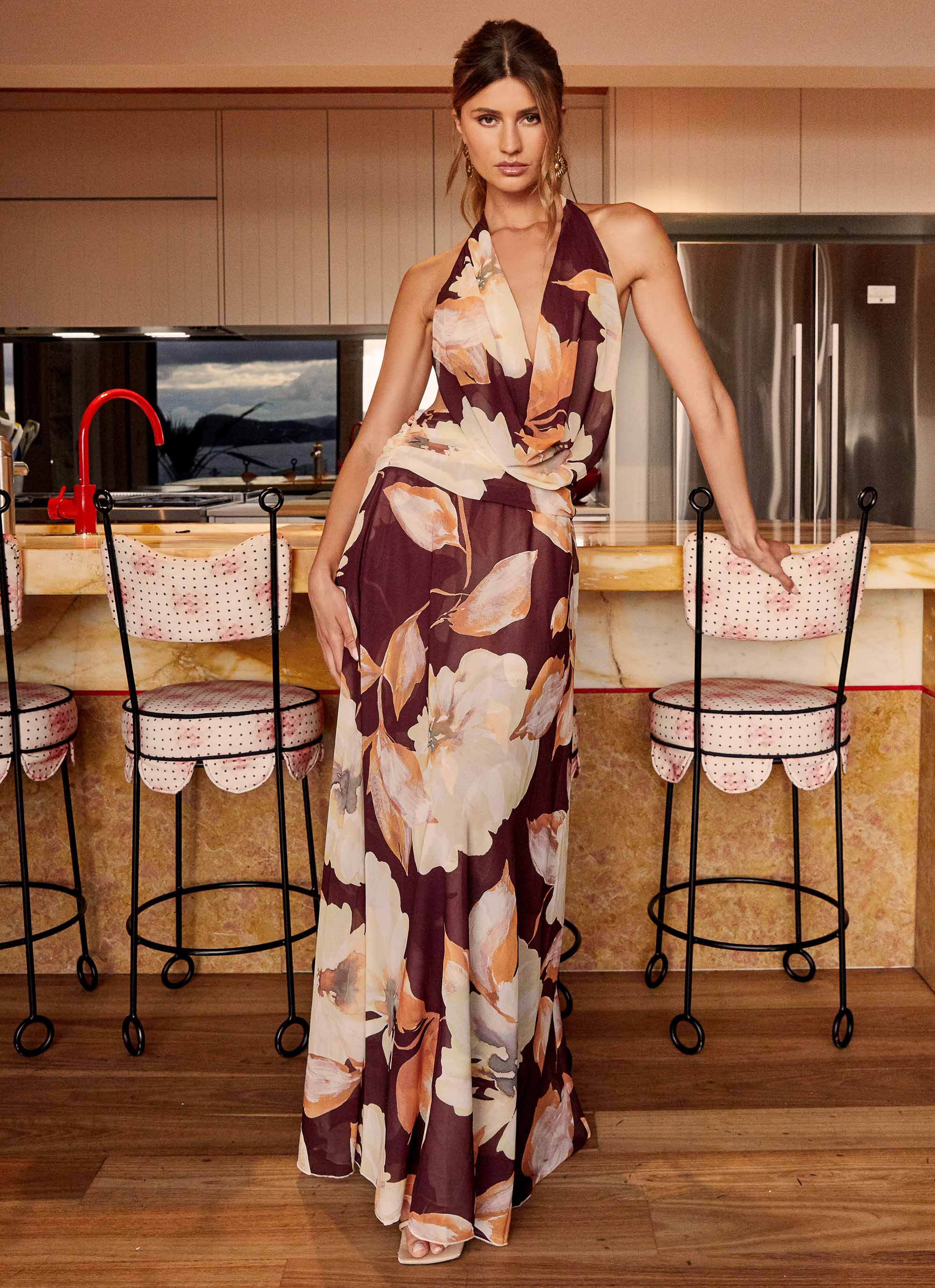 Elysia Floral Chiffon Maxi Dress - Elegant Brown Long Dress for Women | Perfect for Summer Weddings, Beach Vacations & Evening Parties