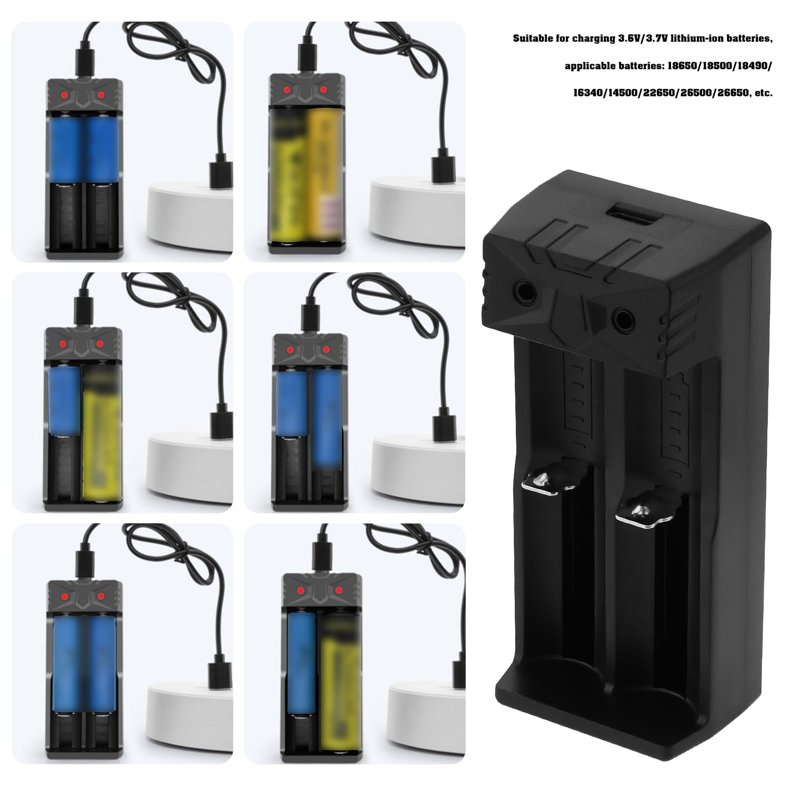 ECSiNG 2-Pack Universal Li-Ion Battery Charger for 18650/18500/18490/16340/14500/22650/26500/26650 - 3.6V/3.7V Dual Slot Fast Charger (92.8x41.1x30.3mm, Black) - Perfect for Flashlights, Vape Mods, Power Tools & Electronic Devices